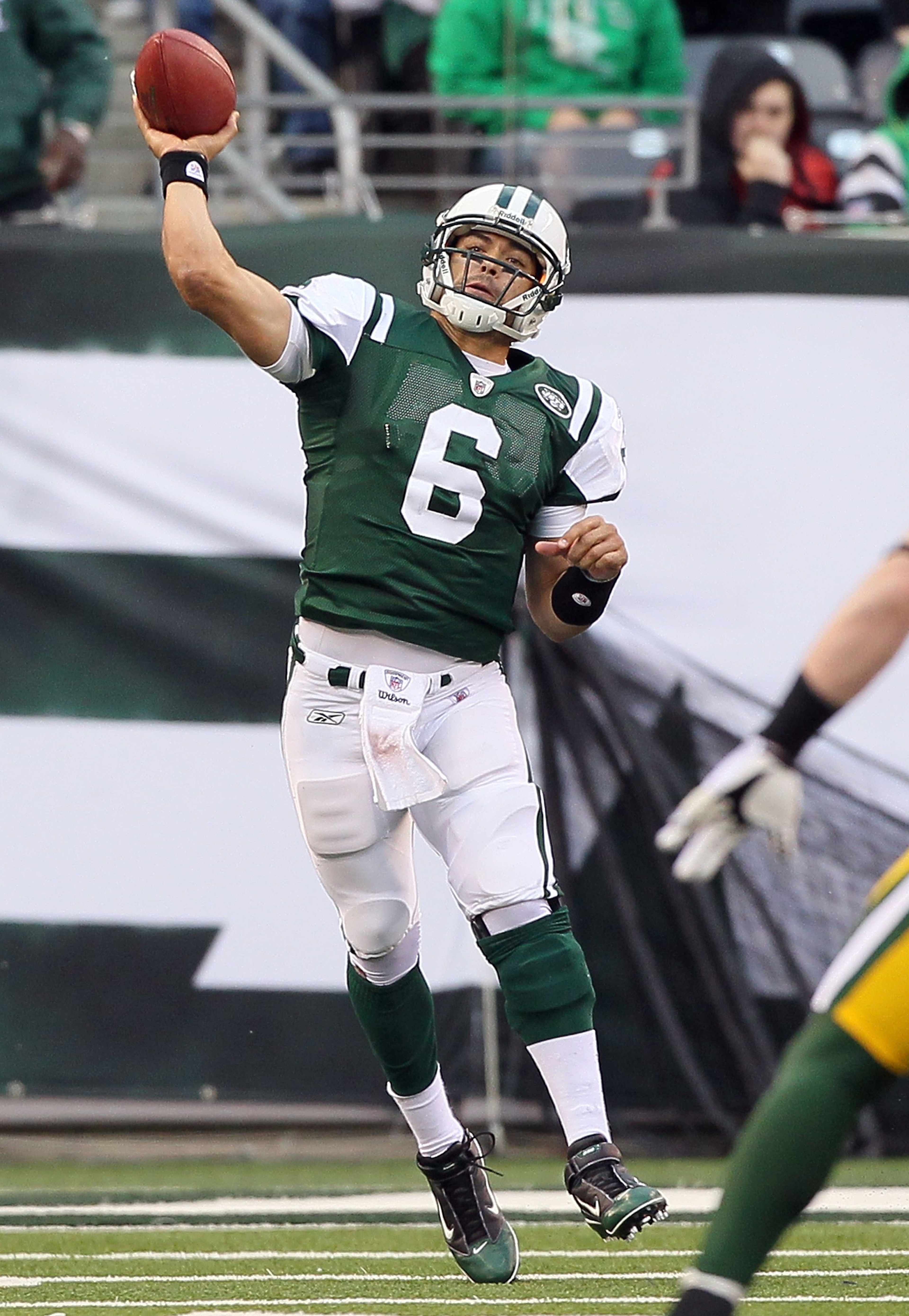 EAST RUTHERFORD, NJ - OCTOBER 31: Mark Sanchez #6 of the New York Jets throws a pass against the Green Bay Packers on October 31, 2010 at the New Meadowlands Stadium in East Rutherford, New Jersey. The Packers defeated the Jets 9-0. (Photo by Jim McIsaa EAST RUTHERFORD, NJ - OCTOBER 31: Mark Sanchez #6 of the New York Jets throws a pass against the Green Bay Packers on October 31, 2010 at the New Meadowlands Stadium in East Rutherford, New Jersey. The Packers defeated the Jets 9-0. (Photo by Jim McIsaa