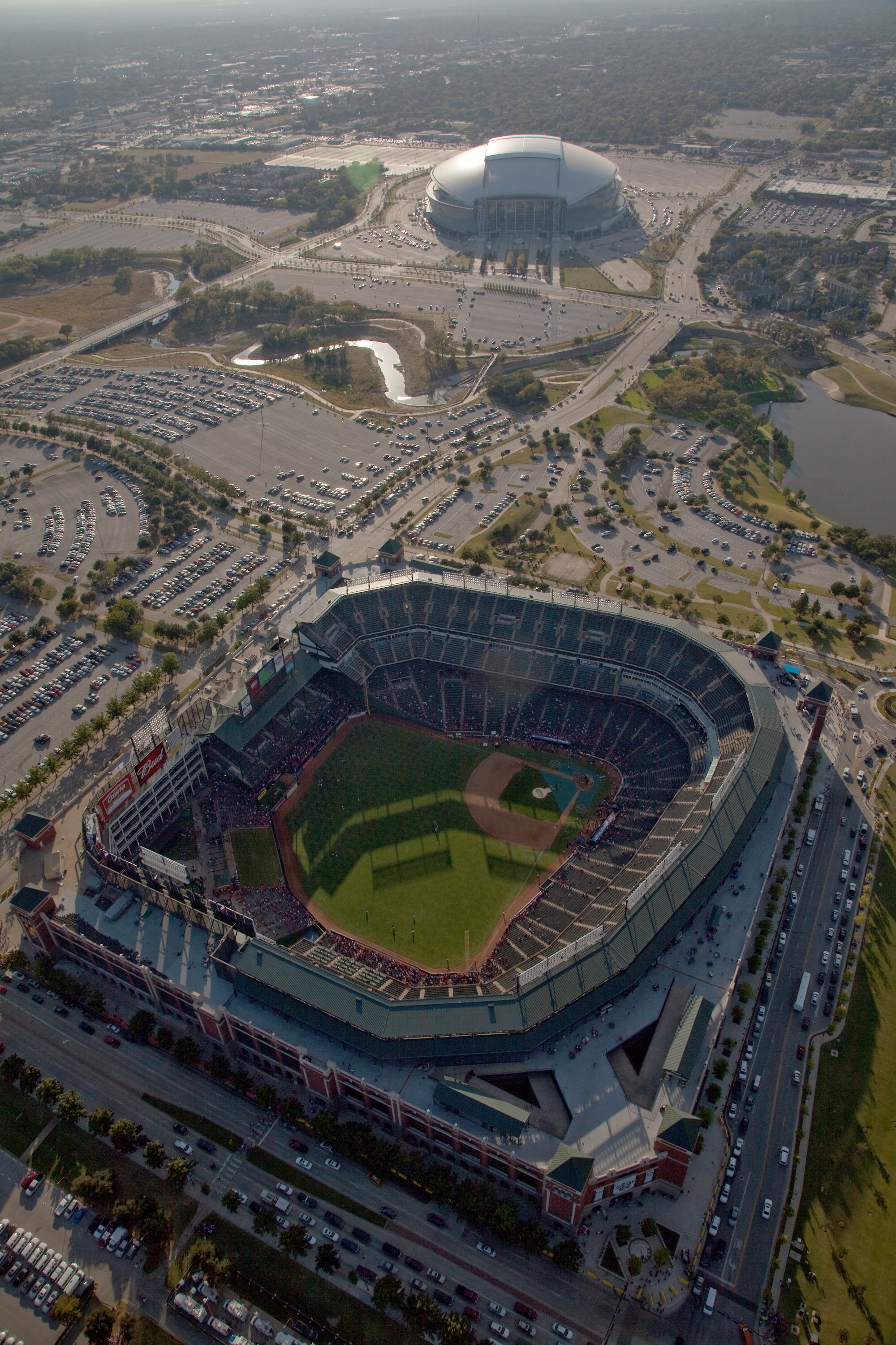 IN FLIGHT - NOVEMBER 01: Aerial view from the DirecTV Blimp of Rangers Ballpark, with Cowboys Stadium in the background, prior to Game Five of the 2010 MLB World Series between the San Francisco Giants and Texas Rangers on November 1, 2010 in Arlington, T