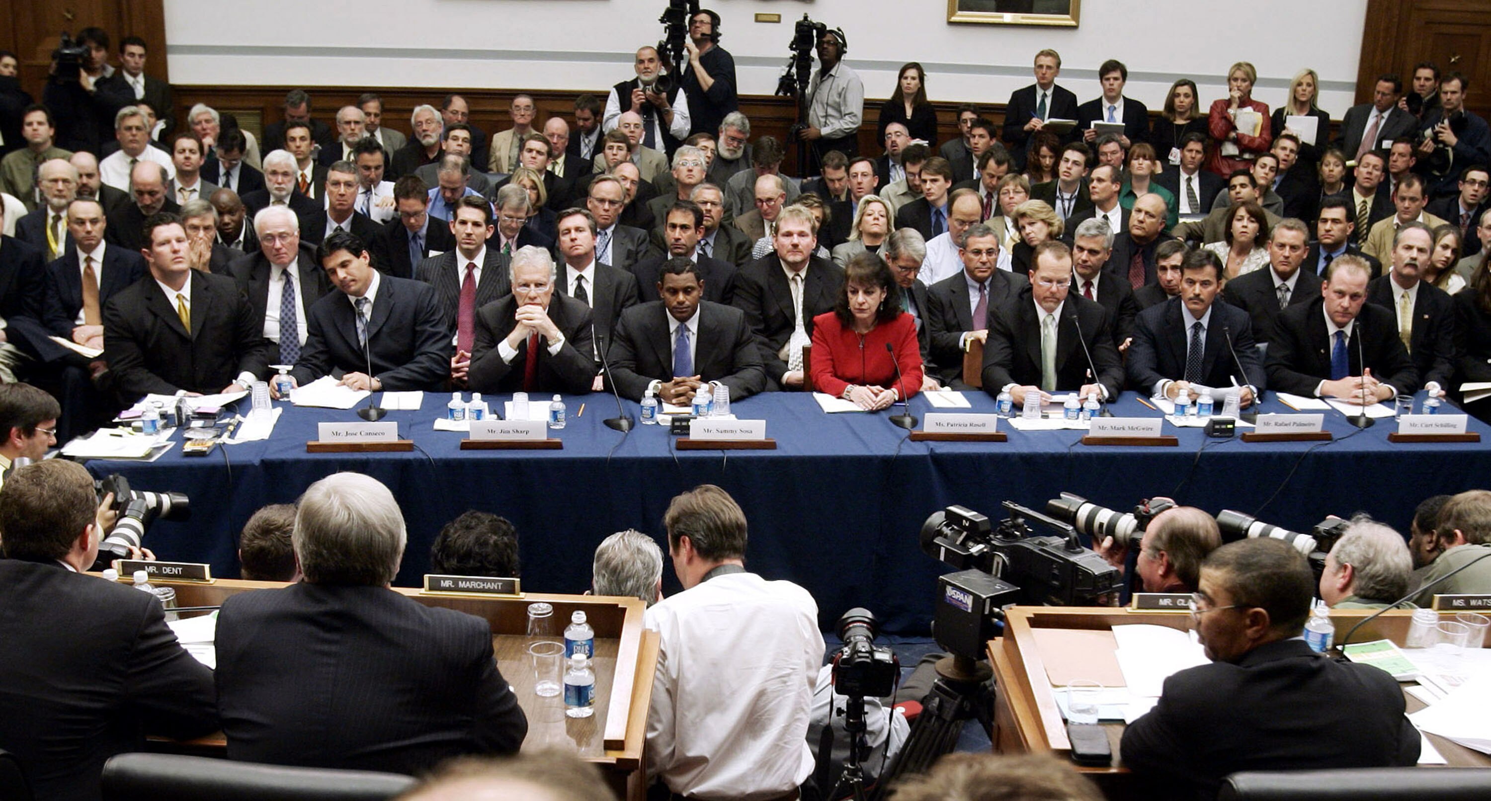 WASHINGTON - MARCH 17:  Seated witnesses wait to testify on March 17, 2005 during a House committee that is investigating the efforts by Major League Baseball to eradicate steroid use among its players in Washington, DC. Seated from left are Jose Canseco'