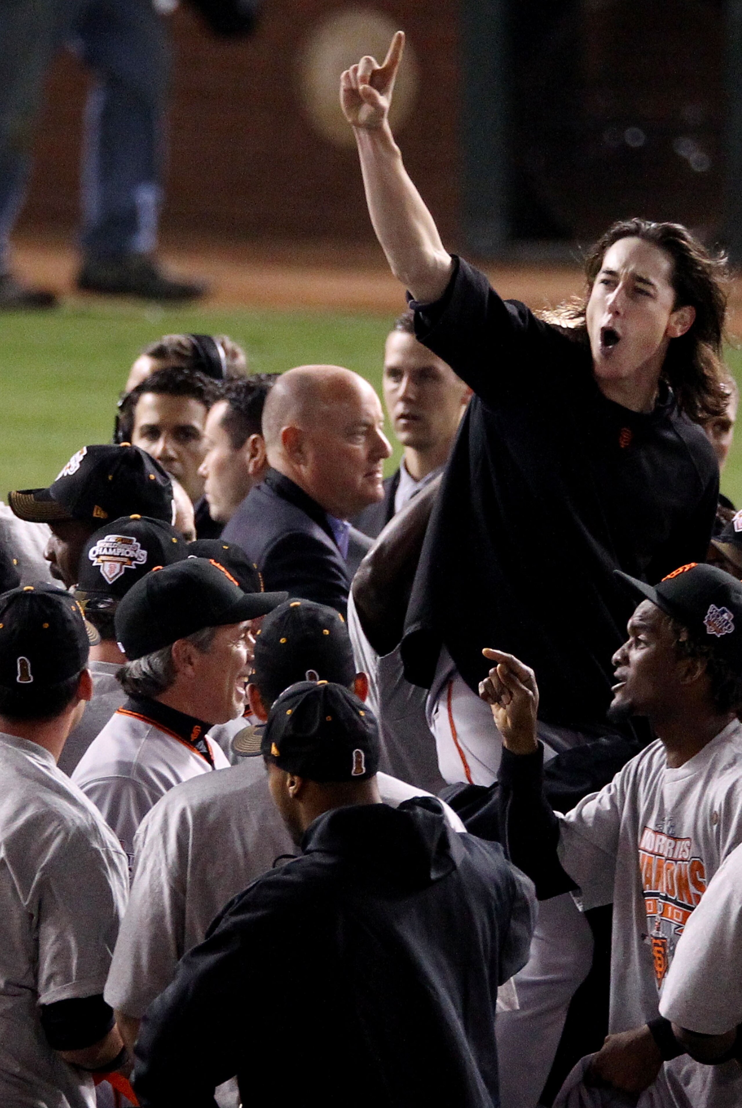 ARLINGTON, TX - NOVEMBER 01: Pitcher Tim Lincecum #55 of the San Francisco Giants and teammates celebrate defeating the Texas Rangers 3-1 to win the 2010 MLB World Series at Rangers Ballpark in Arlington on November 1, 2010 in Arlington, Texas. (Photo b ARLINGTON, TX - NOVEMBER 01: Pitcher Tim Lincecum #55 of the San Francisco Giants and teammates celebrate defeating the Texas Rangers 3-1 to win the 2010 MLB World Series at Rangers Ballpark in Arlington on November 1, 2010 in Arlington, Texas. (Photo b