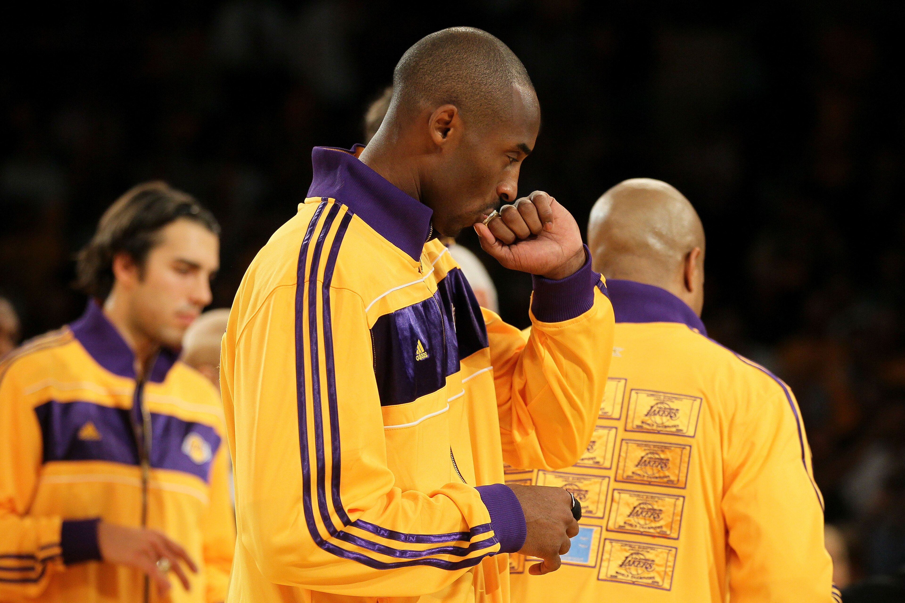 LOS ANGELES, CA - OCTOBER 26: Kobe Bryant #24 of the Los Angeles Lakers kisses his 2009-2010 Championship Ring after the Lakers were given the rings during a ceremony prior to their opening night game against the Houston Rockets at Staples Center on Octo LOS ANGELES, CA - OCTOBER 26: Kobe Bryant #24 of the Los Angeles Lakers kisses his 2009-2010 Championship Ring after the Lakers were given the rings during a ceremony prior to their opening night game against the Houston Rockets at Staples Center on Octo