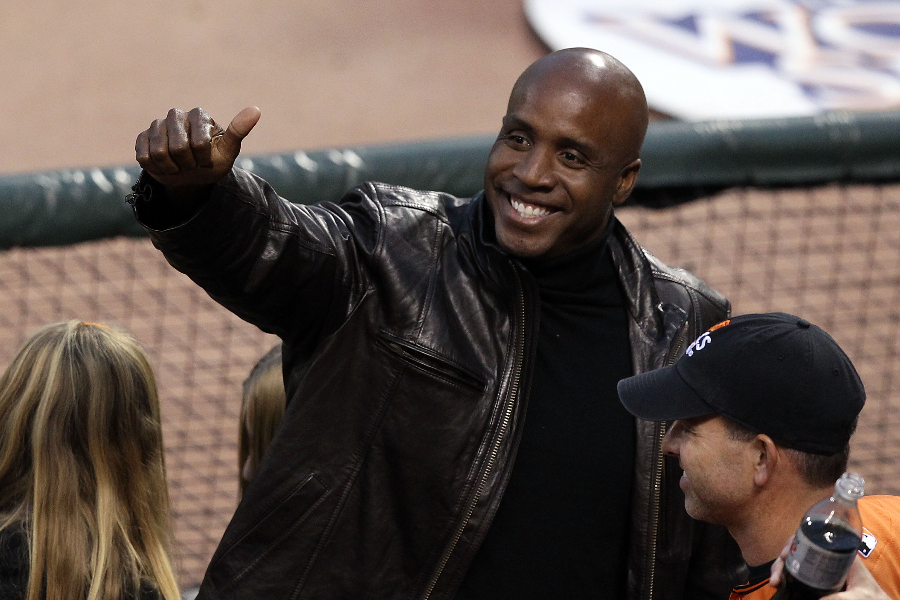 SAN FRANCISCO - OCTOBER 27:  Barry Bonds gestures from his seat during Game One of the 2010 MLB World Series at AT&T Park on October 27, 2010 in San Francisco, California.  (Photo by Christian Petersen/Getty Images)