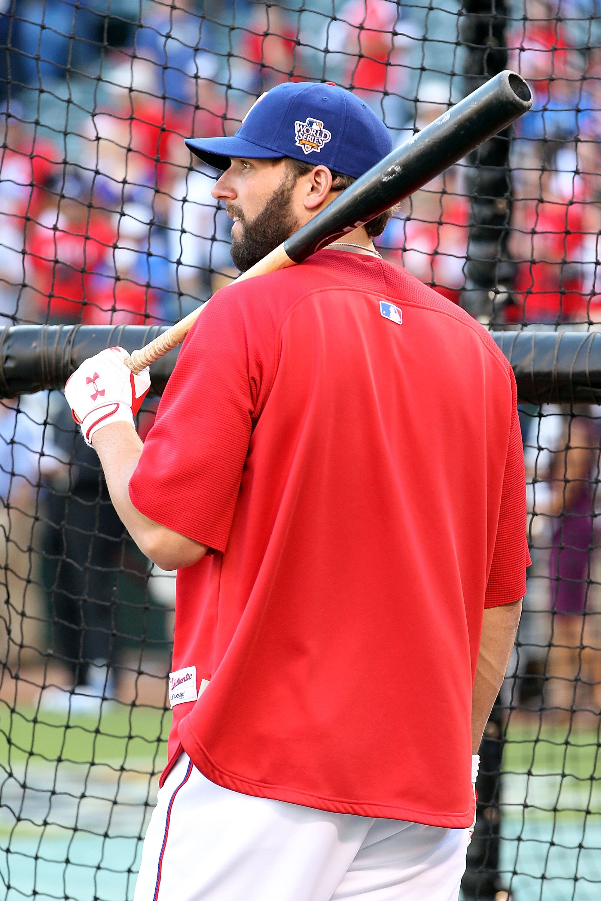 ARLINGTON, TX - OCTOBER 31:  Jeff Francoeur #21 of the Texas Rangers looks on during batting practice against the San Francisco Giants in Game Four of the 2010 MLB World Series at Rangers Ballpark in Arlington on October 31, 2010 in Arlington, Texas.  (Ph