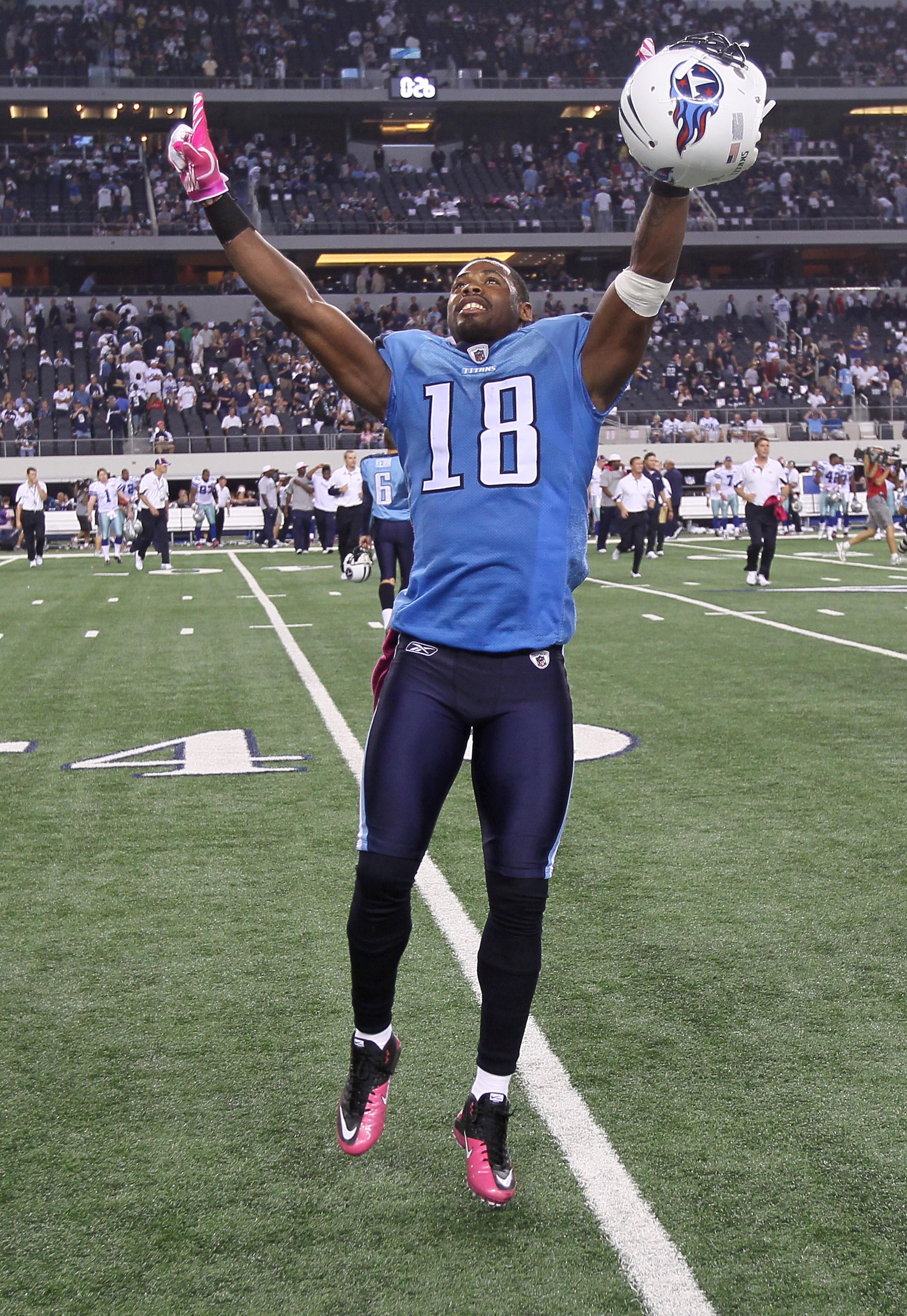 ARLINGTON, TX - OCTOBER 10:  Wide receiver Kenny Britt #18 of the Tennessee Titans celebrates after the game against the Dallas Cowboys at Cowboys Stadium on October 10, 2010 in Arlington, Texas. The Titans won 34-27.  (Photo by Stephen Dunn/Getty Images)