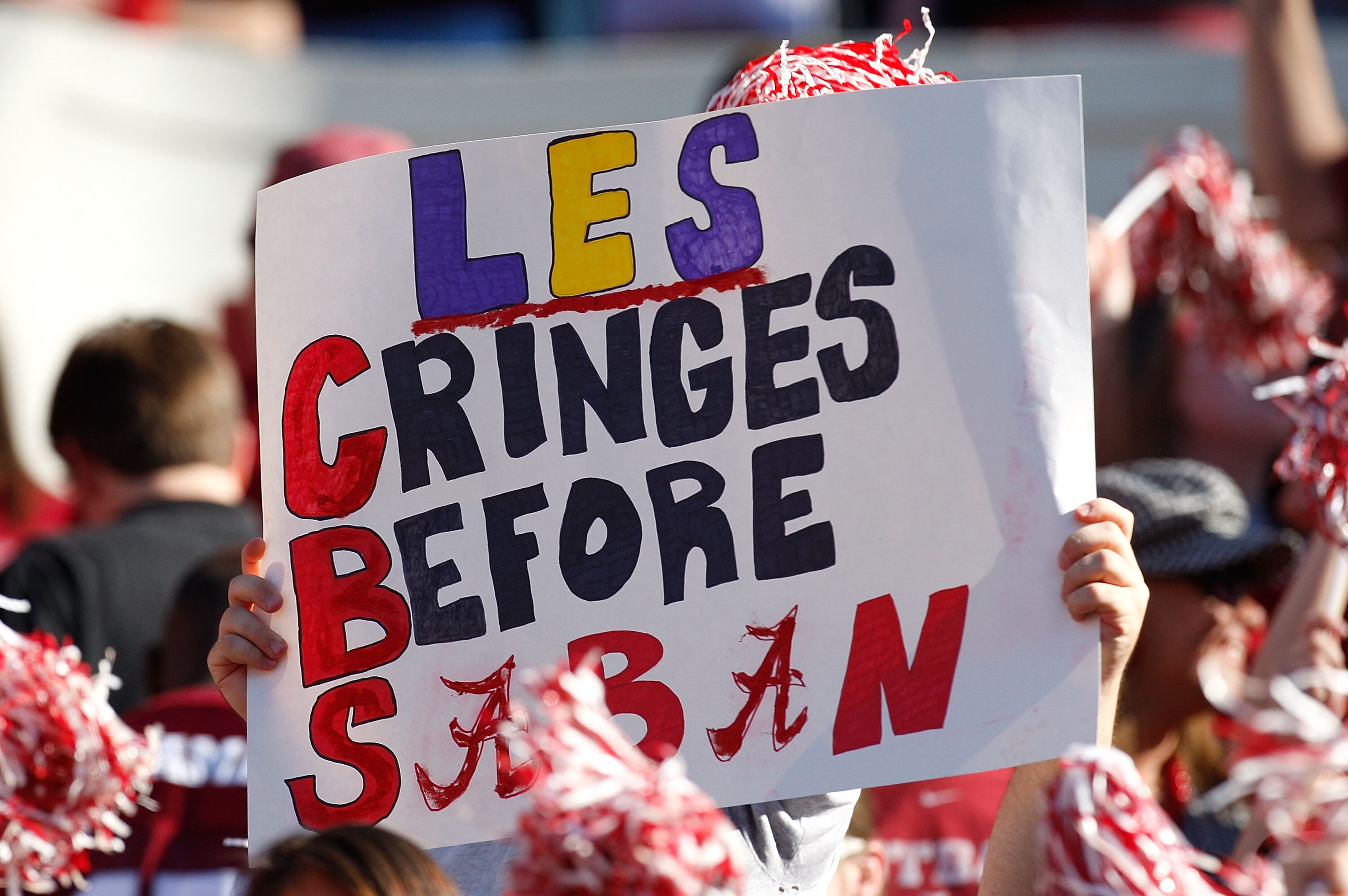 TUSCALOOSA, AL - NOVEMBER 07:  An Alabama fan holds up a sign before the game between the Alabama Crimson Tide and the Louisiana State University Tigers at Bryant-Denny Stadium on November 7, 2009 in Tuscaloosa, Alabama.  (Photo by Kevin C. Cox/Getty Imag