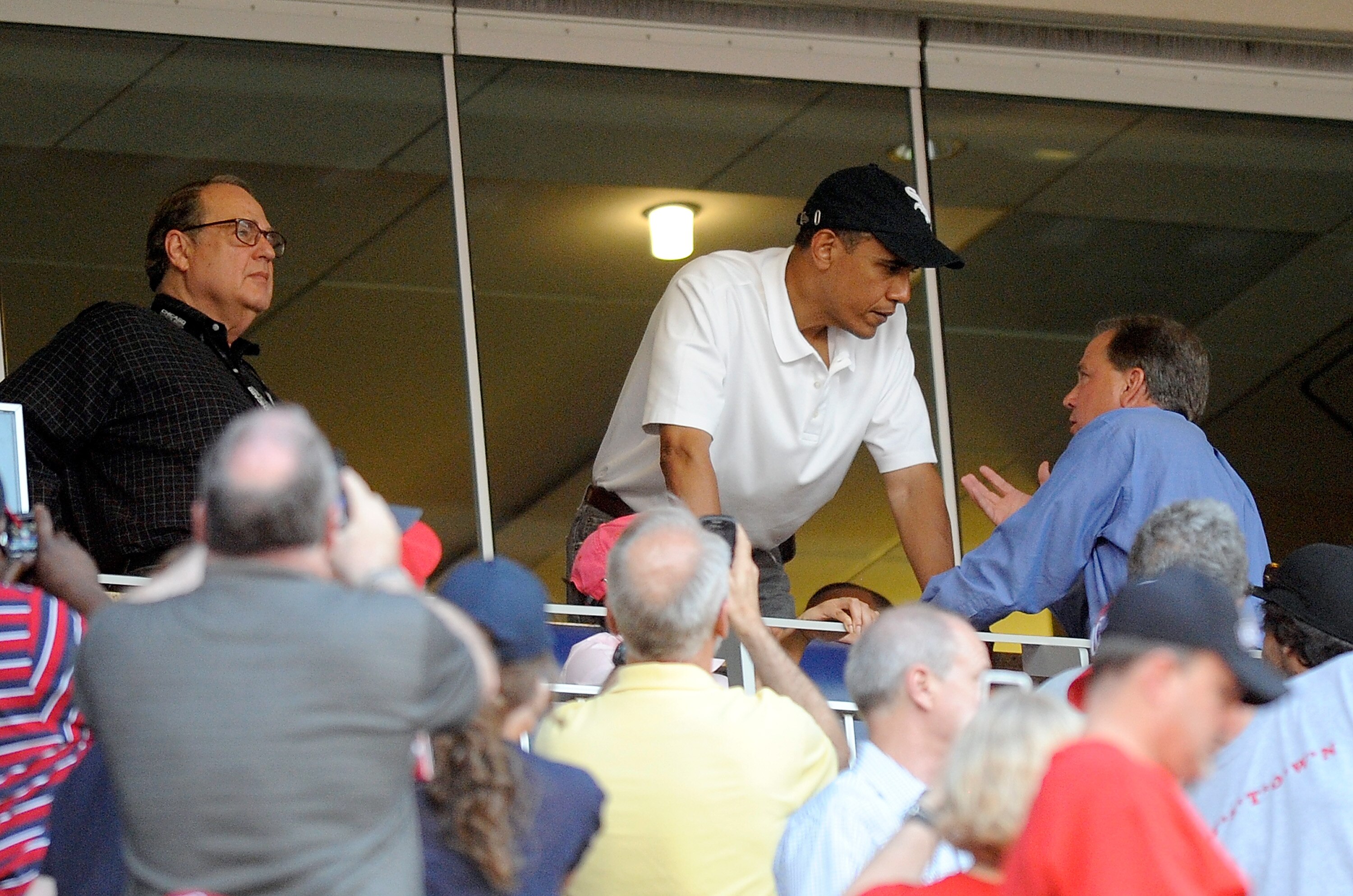 WASHINGTON - JUNE 18:  US President Barack Obama talks to fans during the game between the Washington Nationals and the Chicago White Sox at Nationals Park on June 18, 2010 in Washington, DC.  (Photo by Greg Fiume/Getty Images)