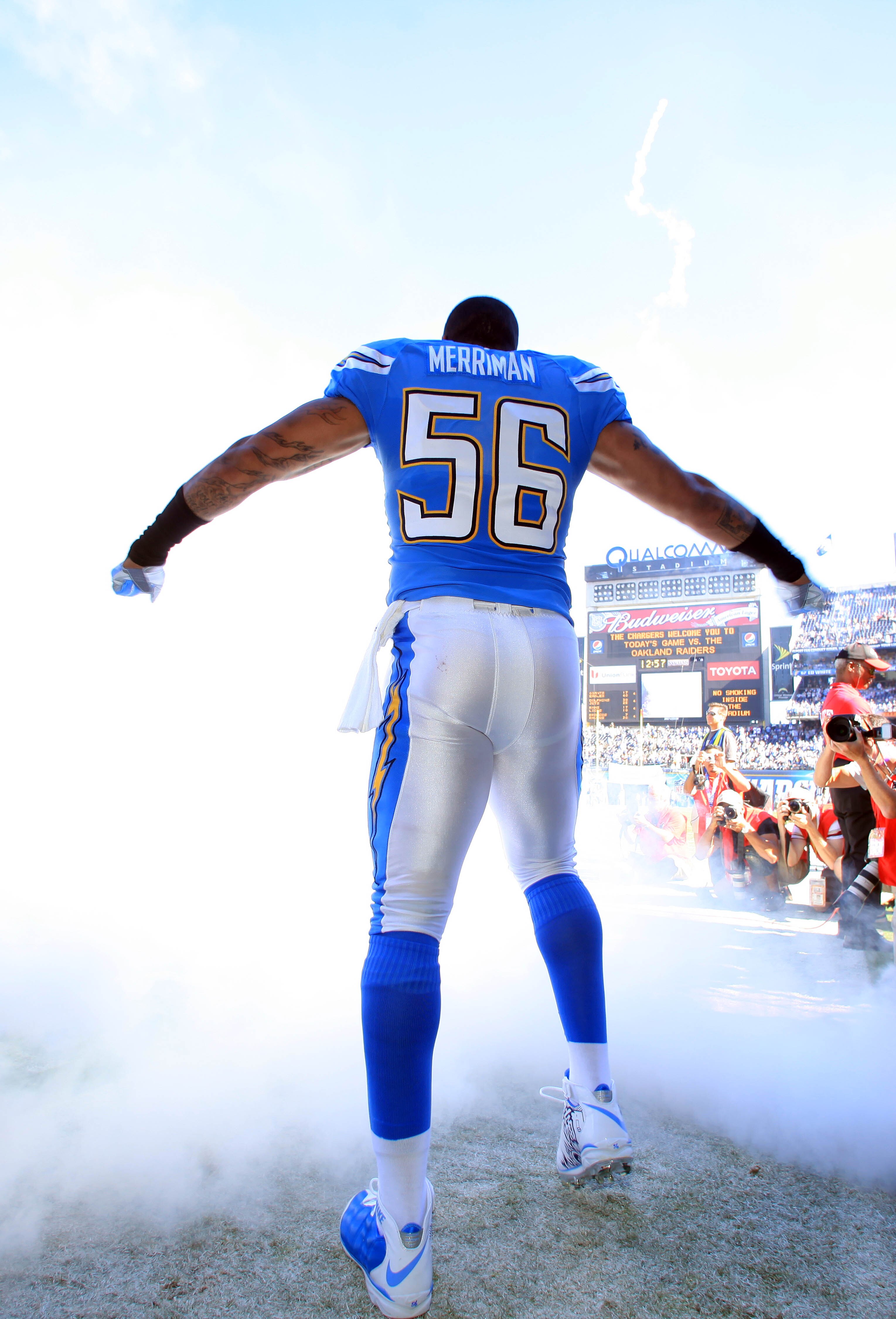 SAN DIEGO, CA - NOVEMBER 1:  Shawne Merriman #56 of the San Diego Chargers enters the field before the game against the Oakland Raiders on November 1, 2009 at Qualcomm Stadium in San Diego, California. (Photo by Donald Miralle/Getty Images)