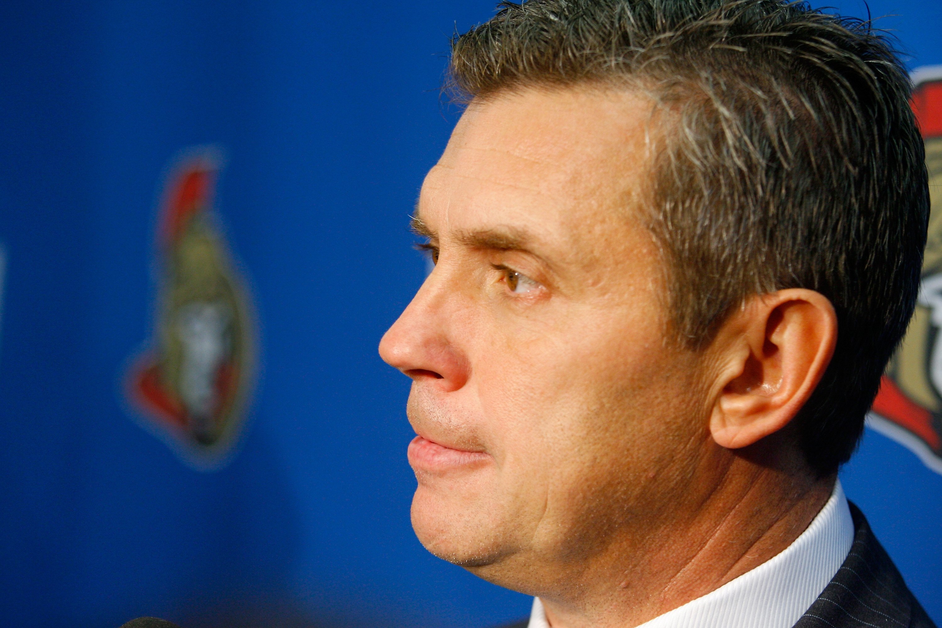 OTTAWA - SEPTEMBER 20:  Head Coach Craig Hartsburg of the Ottawa Senators looks on during a press conference on September 20, 2008 at the Scotiabank Place in Ottawa, Canada.  The Ottawa Senators defeated the New York Rangers 3-2.  (Photo by Phillip MacCal