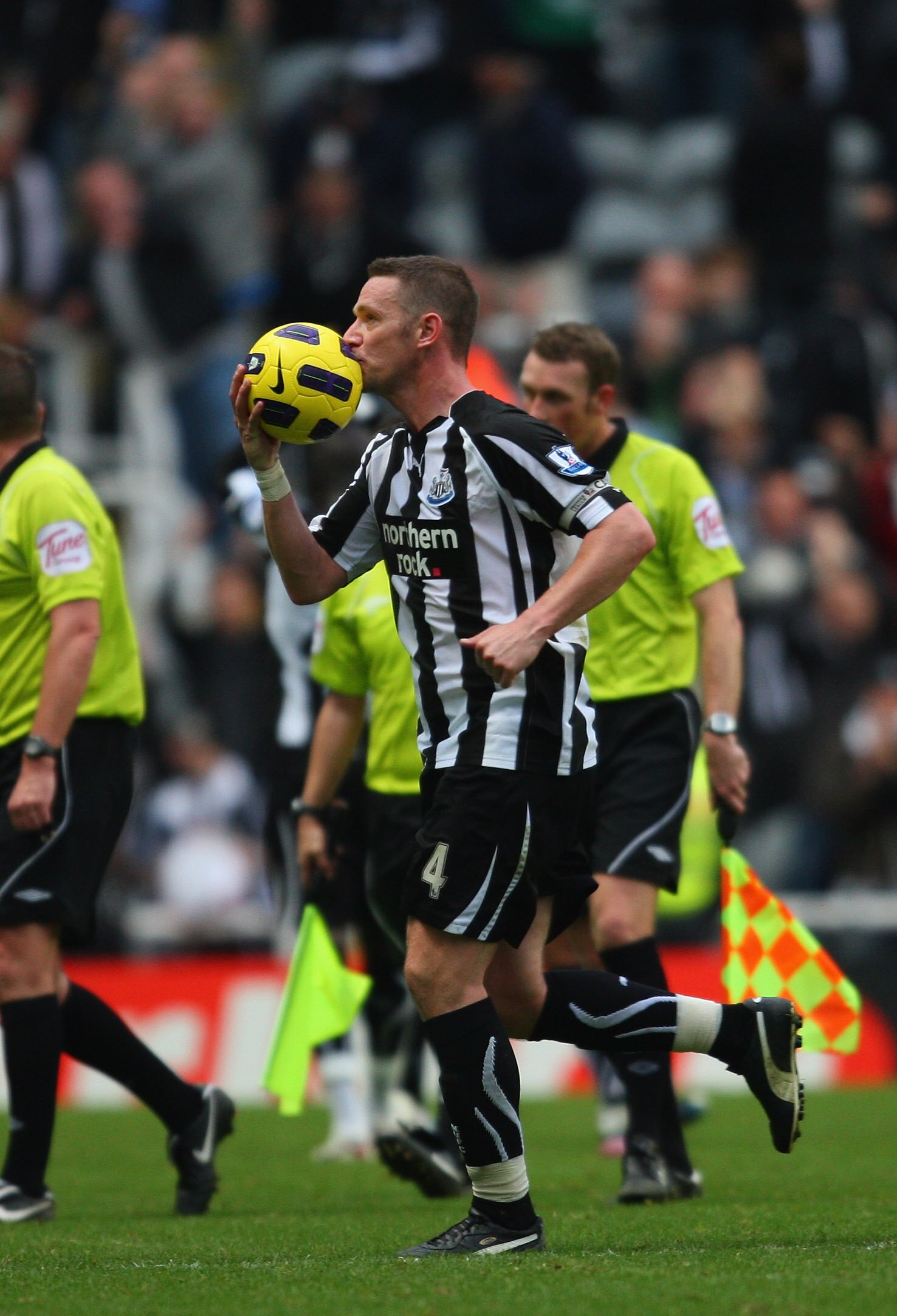 NEWCASTLE UPON TYNE, ENGLAND - OCTOBER 31:  Newcastle player Kevin Nolan celebrates by kissing the match ball after the Barclays Premier League match between Newcastle United and Sunderland at St James' Park on October 31, 2010 in Newcastle upon Tyne, Eng