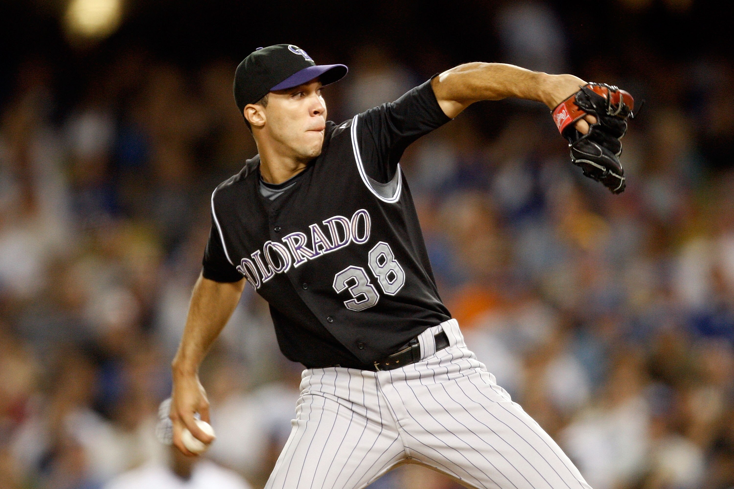 LOS ANGELES, CA - OCTOBER 02:  Ubaldo Jimenez #38 of the Colorodo Rockies pitches against the Los Angeles Dodgers on October 2, 2009 in Los Angeles, California.  (Photo by Jacob de Golish/Getty Images)