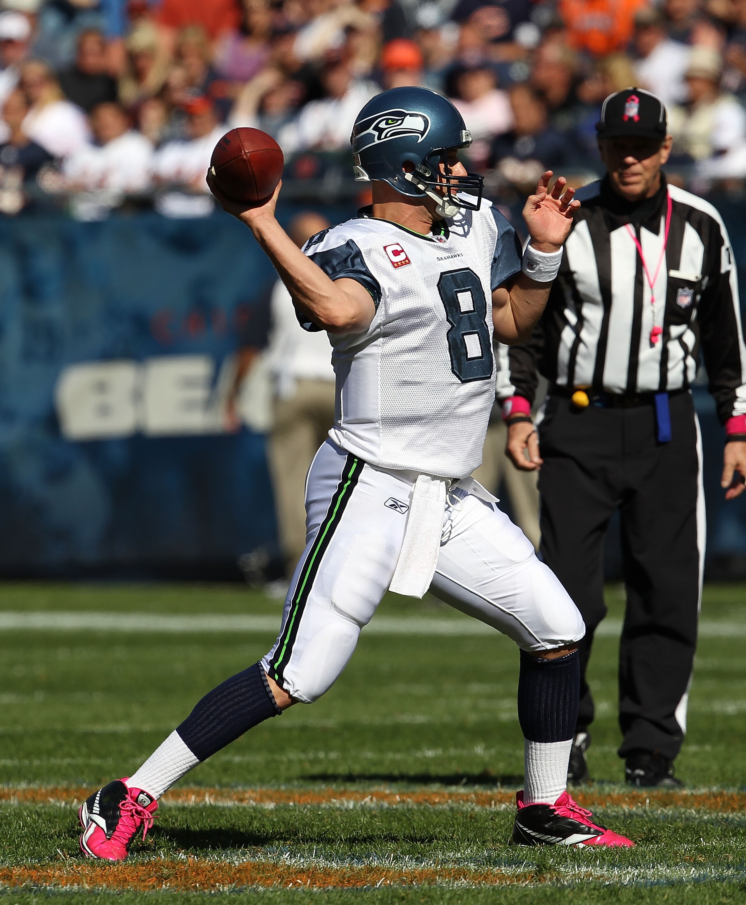 CHICAGO - OCTOBER 17: Matt Hasselbeck #8 of the Seattle Seahawks passes the ball against the Chicago Bears at Soldier Field on October 17, 2010 in Chicago, Illinois. The Seahawks defeated the Bears 23-20. (Photo by Jonathan Daniel/Getty Images) CHICAGO - OCTOBER 17: Matt Hasselbeck #8 of the Seattle Seahawks passes the ball against the Chicago Bears at Soldier Field on October 17, 2010 in Chicago, Illinois. The Seahawks defeated the Bears 23-20. (Photo by Jonathan Daniel/Getty Images)