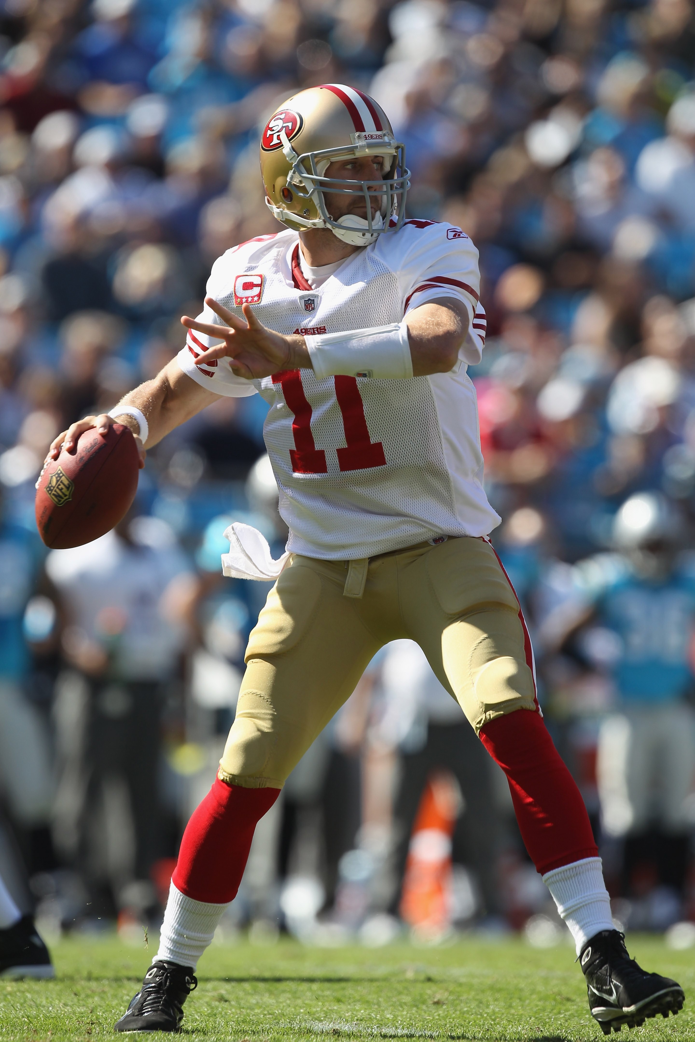 CHARLOTTE, NC - OCTOBER 24:  Alex Smith #11 of the San Francisco 49ers against the Carolina Panthers during their game at Bank of America Stadium on October 24, 2010 in Charlotte, North Carolina.  (Photo by Streeter Lecka/Getty Images)