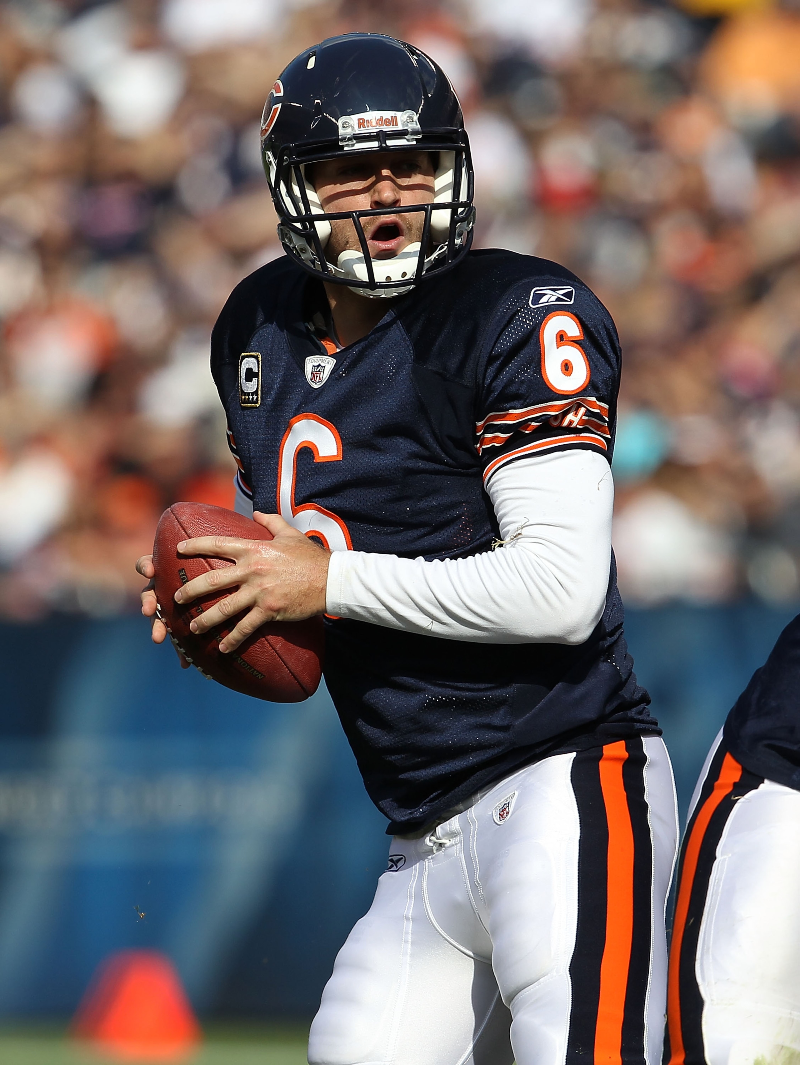 CHICAGO - OCTOBER 24: Jay Cutler #6 of the Chicago Bears drops back to pass against the Washington Redskins at Soldier Field on October 24, 2010 in Chicago, Illinois. The Redskins defeated the Bears 17-14. (Photo by Jonathan Daniel/Getty Images)