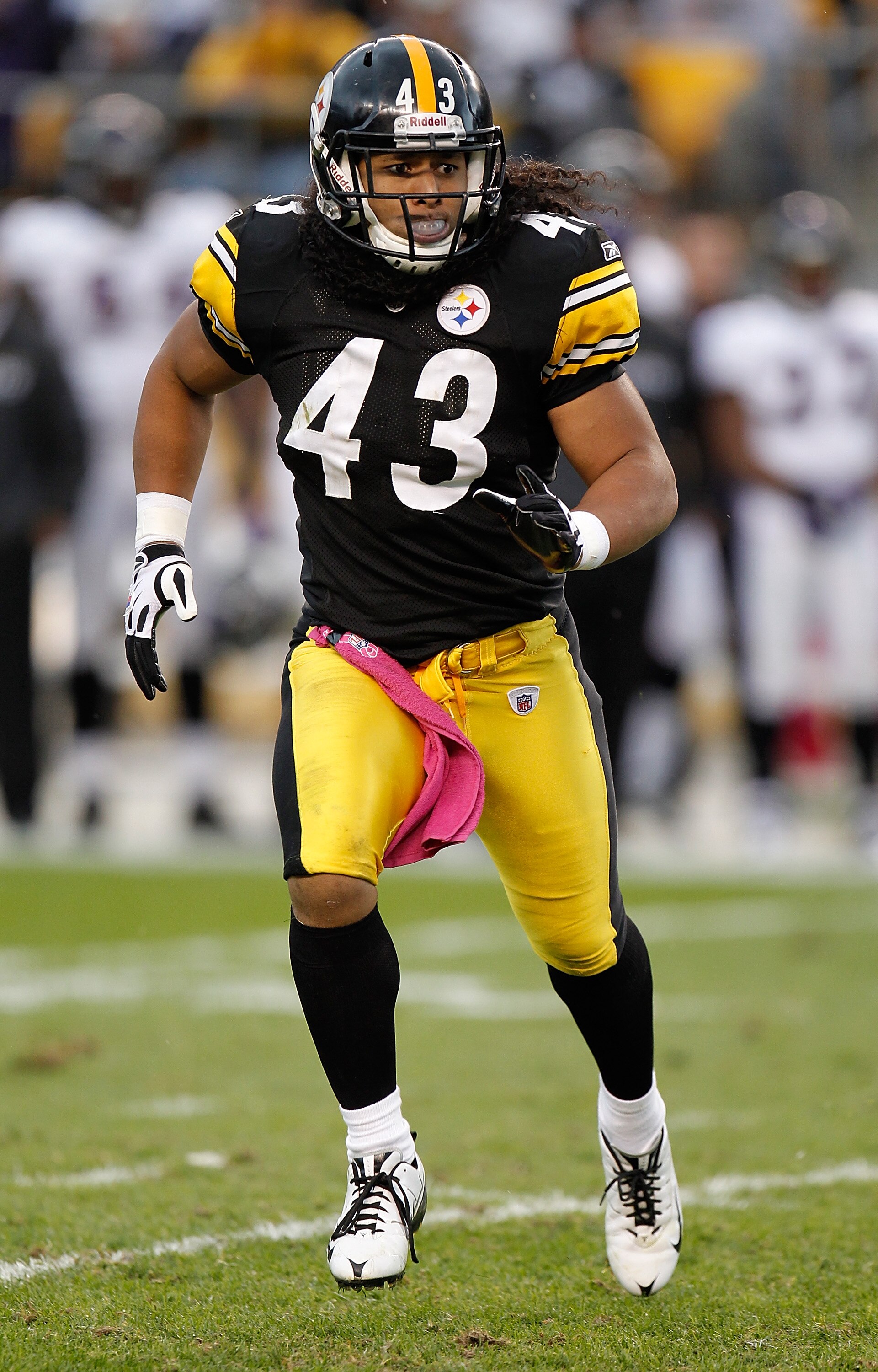 PITTSBURGH - OCTOBER 03: Troy Polamalu #43 of the Pittsburgh Steelers follows the play during the game against the Baltimore Ravens on October 3, 2010 at Heinz Field in Pittsburgh, Pennsylvania. (Photo by Gregory Shamus/Getty Images)