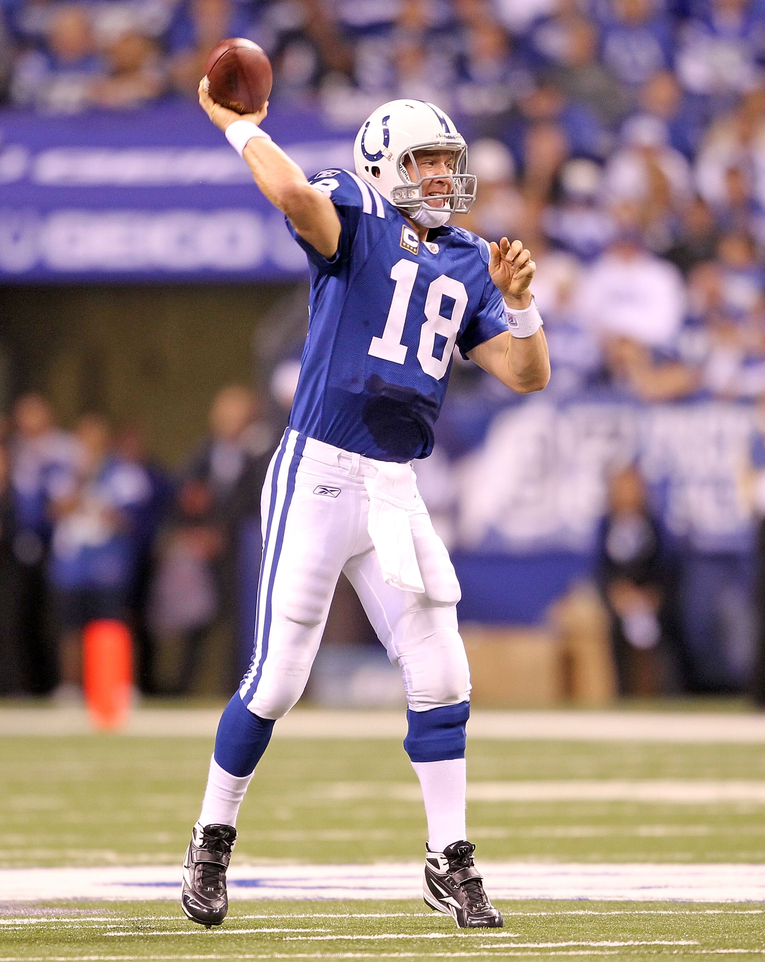 INDIANAPOLIS - NOVEMBER 01:  Peyton Manning #18 of Indianapolis Colts throws a pass during the NFL game against the Houston Texans  at Lucas Oil Stadium on November 1, 2010 in Indianapolis, Indiana.  (Photo by Andy Lyons/Getty Images)