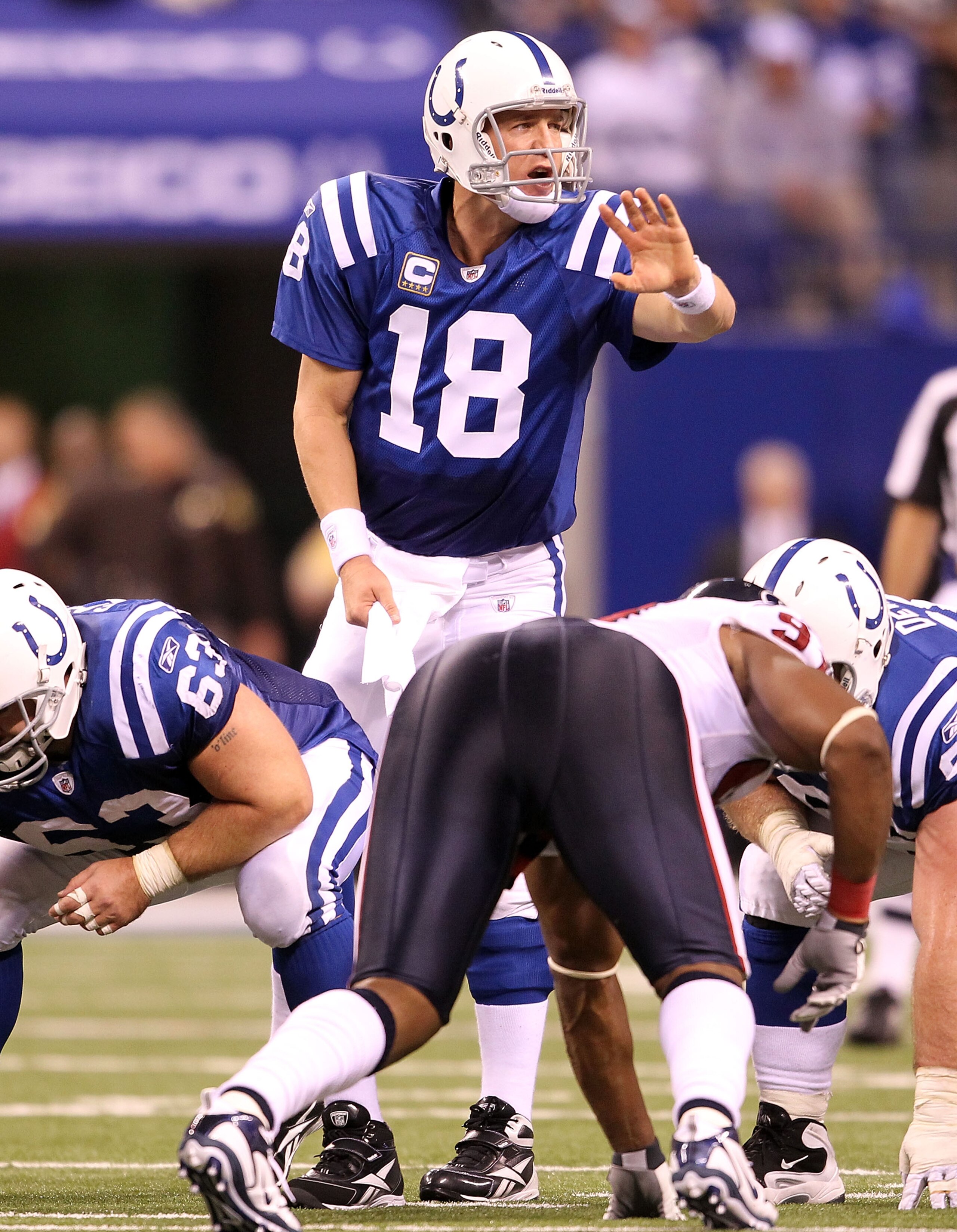 INDIANAPOLIS - NOVEMBER 01:  Peyton Manning #18 of Indianapolis Colts gives instructions to his team during the NFL game against the Houston Texans  at Lucas Oil Stadium on November 1, 2010 in Indianapolis, Indiana.  (Photo by Andy Lyons/Getty Images)