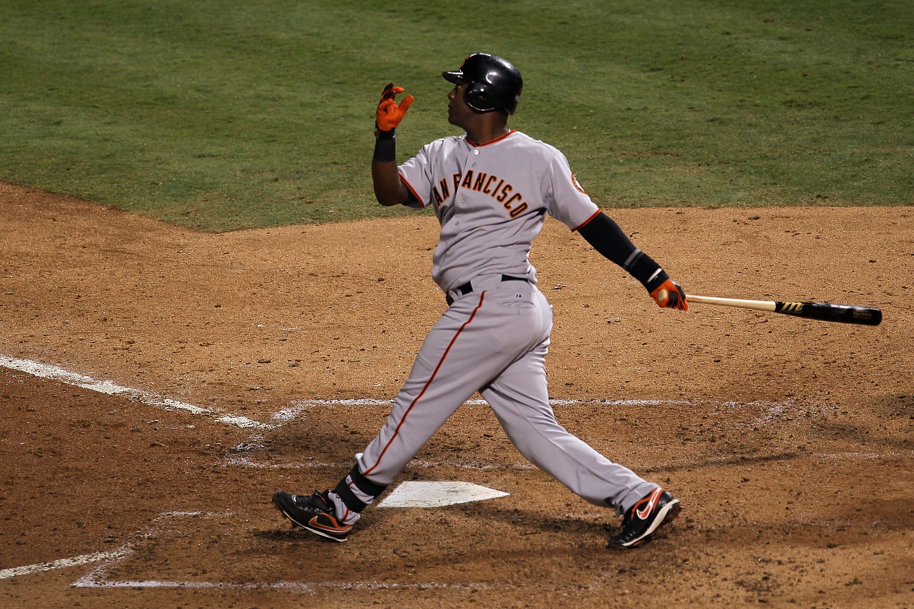 ARLINGTON, TX - NOVEMBER 01:  Edgar Renteria #16 of the San Francisco Giants hits a 3-run home run in the seventh inning against Cliff Lee #33 of the Texas Rangers in Game Five of the 2010 MLB World Series at Rangers Ballpark in Arlington on November 1, 2