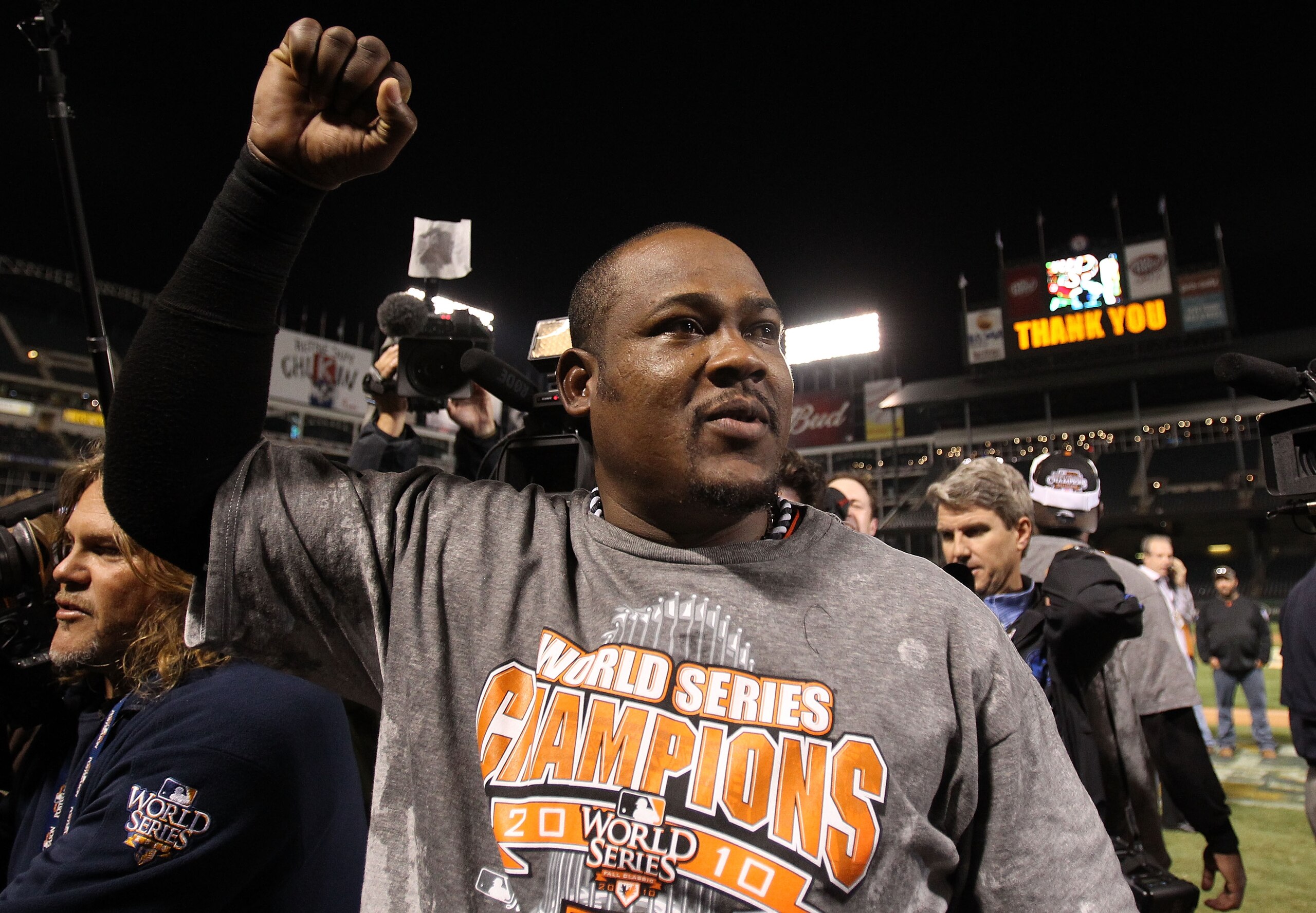 ARLINGTON, TX - NOVEMBER 01: Juan Uribe #5 of the San Francisco Giants celebrates on the field after the Giants won 3-1 against the Texas Rangers in Game Five of the 2010 MLB World Series at Rangers Ballpark in Arlington on November 1, 2010 in Arlington, ARLINGTON, TX - NOVEMBER 01: Juan Uribe #5 of the San Francisco Giants celebrates on the field after the Giants won 3-1 against the Texas Rangers in Game Five of the 2010 MLB World Series at Rangers Ballpark in Arlington on November 1, 2010 in Arlington,