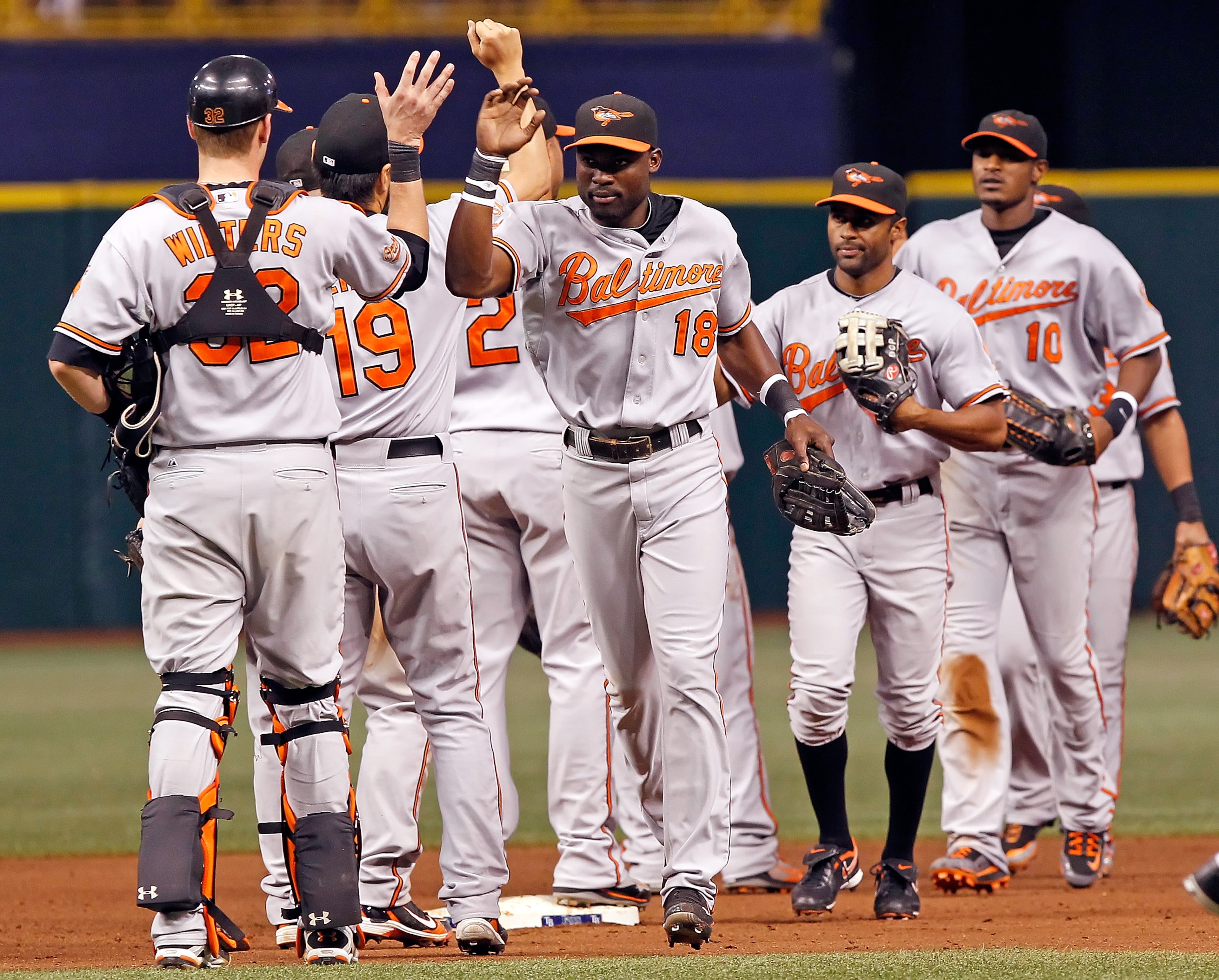 ST. PETERSBURG, FL - SEPTEMBER 29: Outfielder Felix Pie #18 of the Baltimore Orioles celebrates the victory over the Tampa Bay Rays at Tropicana Field on September 29, 2010 in St. Petersburg, Florida. (Photo by J. Meric/Getty Images) ST. PETERSBURG, FL - SEPTEMBER 29: Outfielder Felix Pie #18 of the Baltimore Orioles celebrates the victory over the Tampa Bay Rays at Tropicana Field on September 29, 2010 in St. Petersburg, Florida. (Photo by J. Meric/Getty Images)