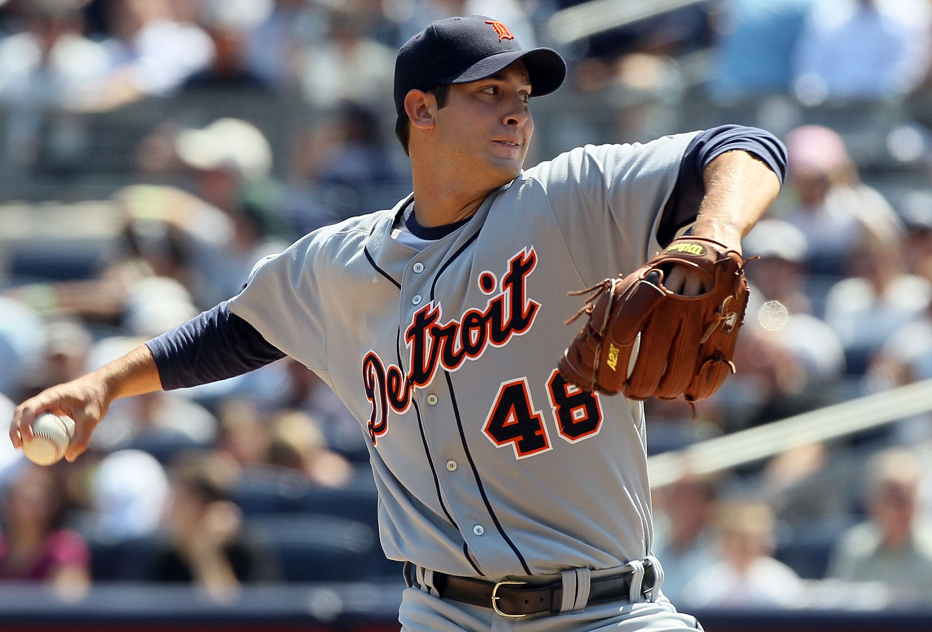 NEW YORK - AUGUST 19:  Rick Porcello #48 of the Detroit Tigers delivers a pitch against the New York Yankees on August 19, 2010 at Yankee Stadium in the Bronx borough of New York City.  (Photo by Jim McIsaac/Getty Images)