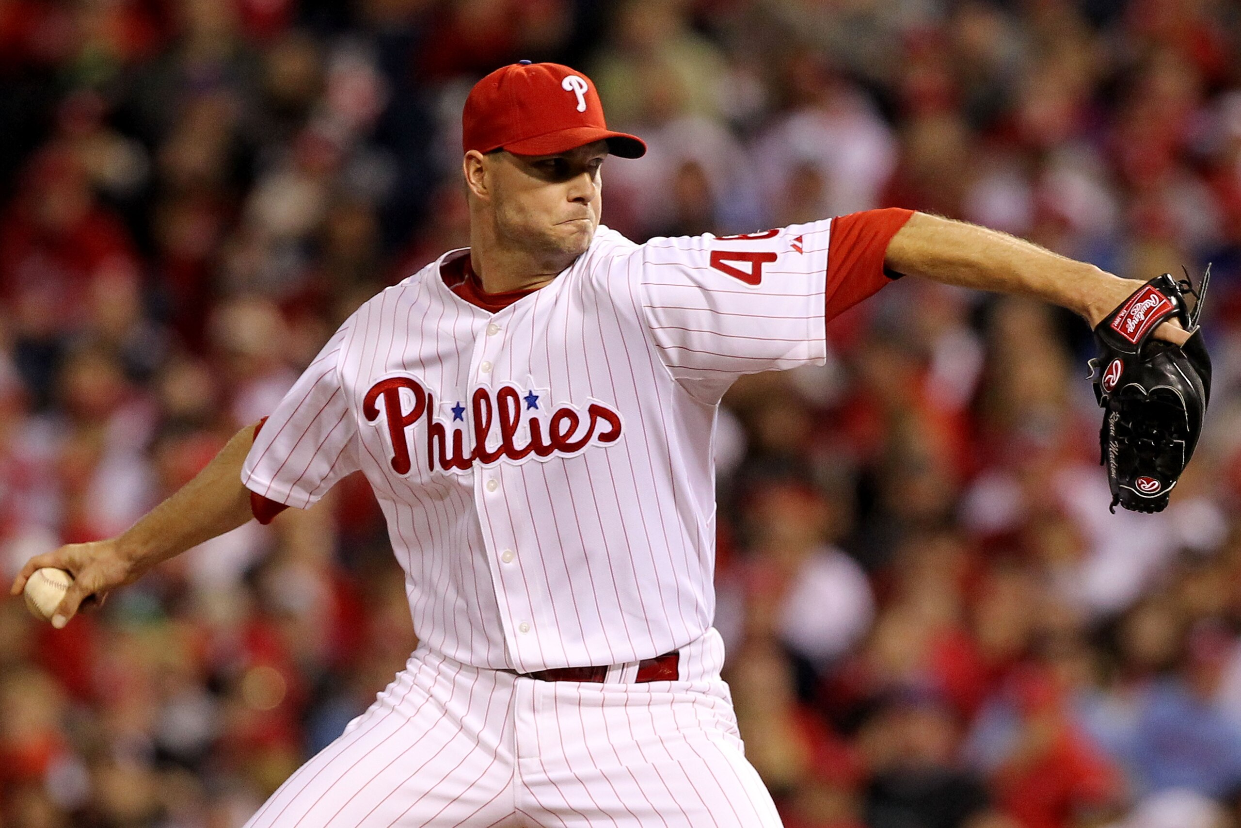 PHILADELPHIA - OCTOBER 23: Ryan Madson #46 of the Philadelphia Phillies pitches against the San Francisco Giants in Game Six of the NLCS during the 2010 MLB Playoffs at Citizens Bank Park on October 23, 2010 in Philadelphia, Pennsylvania. (Photo by Al B PHILADELPHIA - OCTOBER 23: Ryan Madson #46 of the Philadelphia Phillies pitches against the San Francisco Giants in Game Six of the NLCS during the 2010 MLB Playoffs at Citizens Bank Park on October 23, 2010 in Philadelphia, Pennsylvania. (Photo by Al B