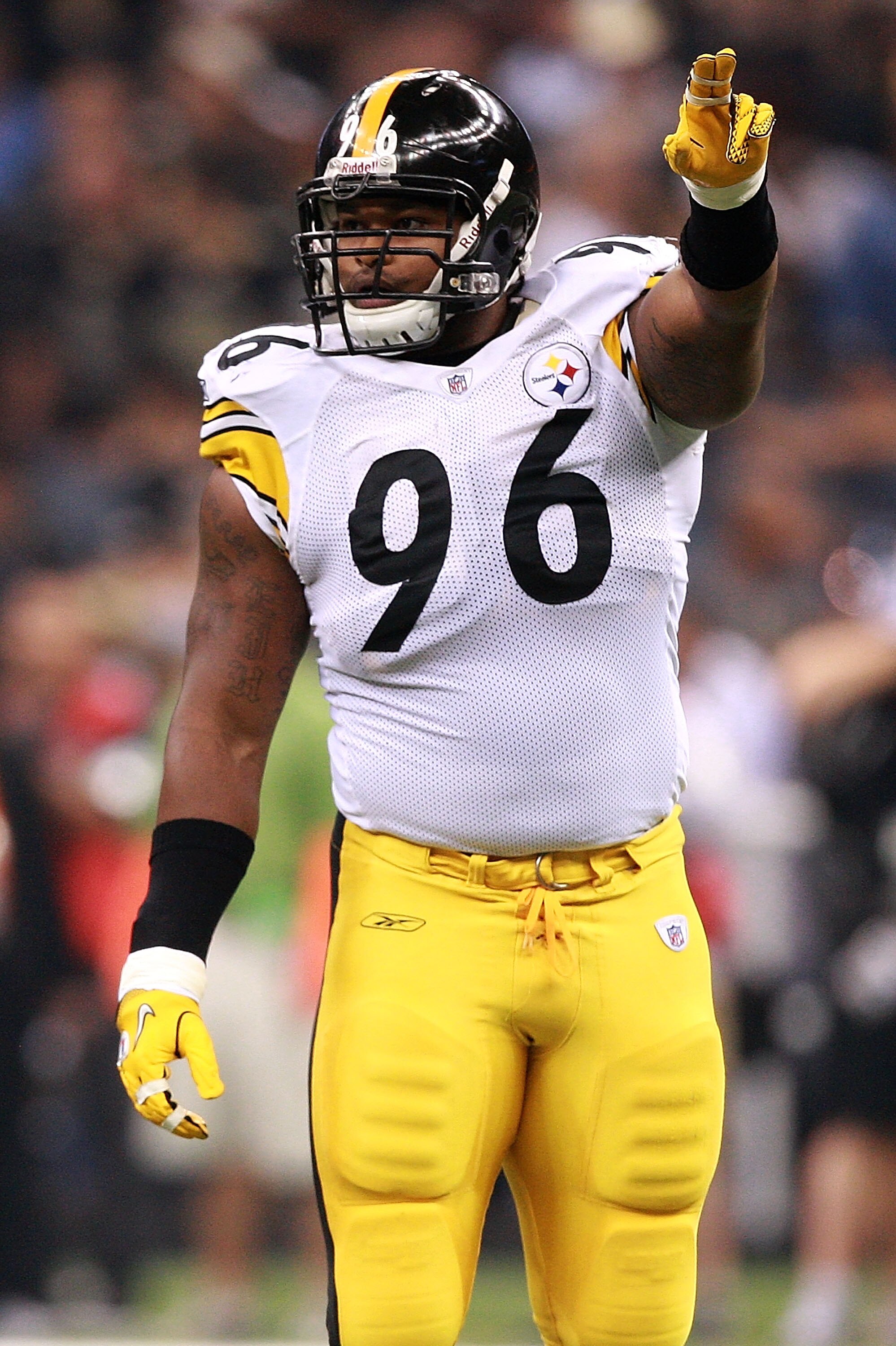 NEW ORLEANS - OCTOBER 31:  Ziggy Hood #96 of the Pittsburgh Steelers gestures during the game against the New Orleans Saints at Louisiana Superdome on October 31, 2010 in New Orleans, Louisiana.  The Saints won 20-10 over the Steelers.  (Photo by Karl Wal