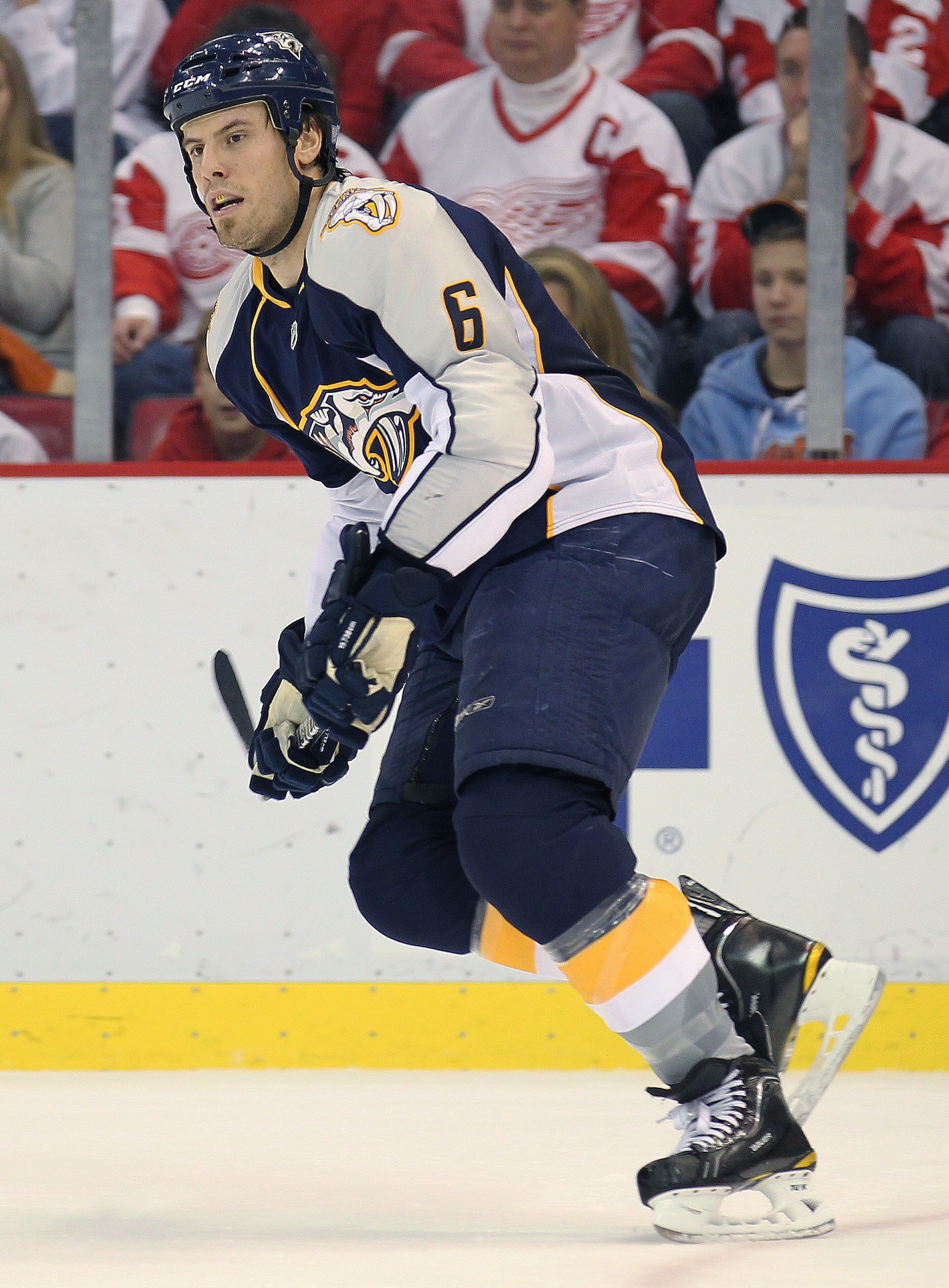 DETROIT,MI - OCTOBER 30:  Shea Weber #6 of the Nashville Predators skates in a game against the Detroit Red Wings on October 30,2010 at the Joe Louis Arena in Detroit , Michigan. The Wings defeated the Predators 5-2. (Photo by Claus Andersen/Getty Images)