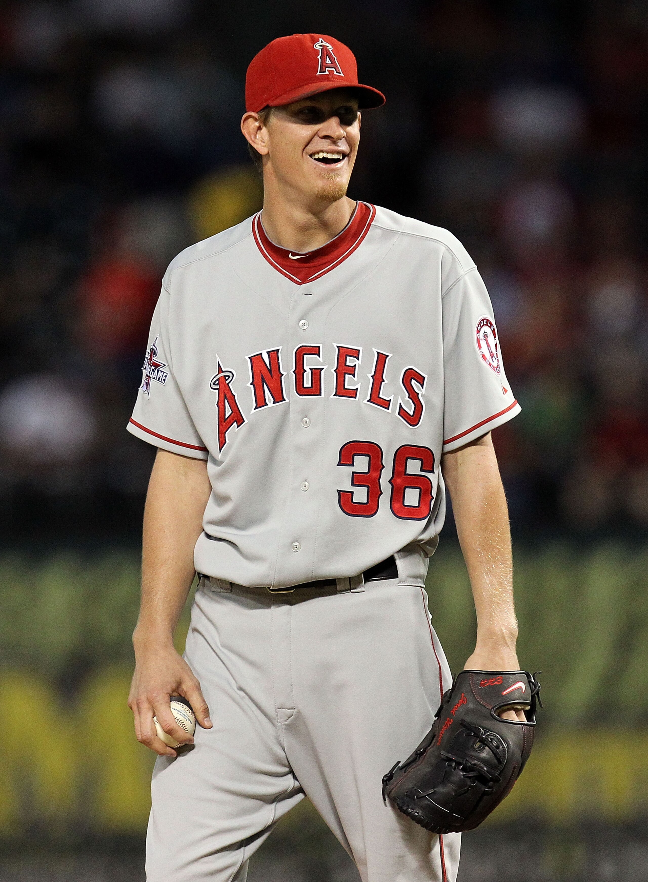 ARLINGTON, TX - OCTOBER 01: Pitcher Jered Weaver #36 of the Los Angeles Angels of Anaheim reacts after called for a balk against the Texas Rangers at Rangers Ballpark in Arlington on October 1, 2010 in Arlington, Texas. (Photo by Ronald Martinez/Getty I ARLINGTON, TX - OCTOBER 01: Pitcher Jered Weaver #36 of the Los Angeles Angels of Anaheim reacts after called for a balk against the Texas Rangers at Rangers Ballpark in Arlington on October 1, 2010 in Arlington, Texas. (Photo by Ronald Martinez/Getty I