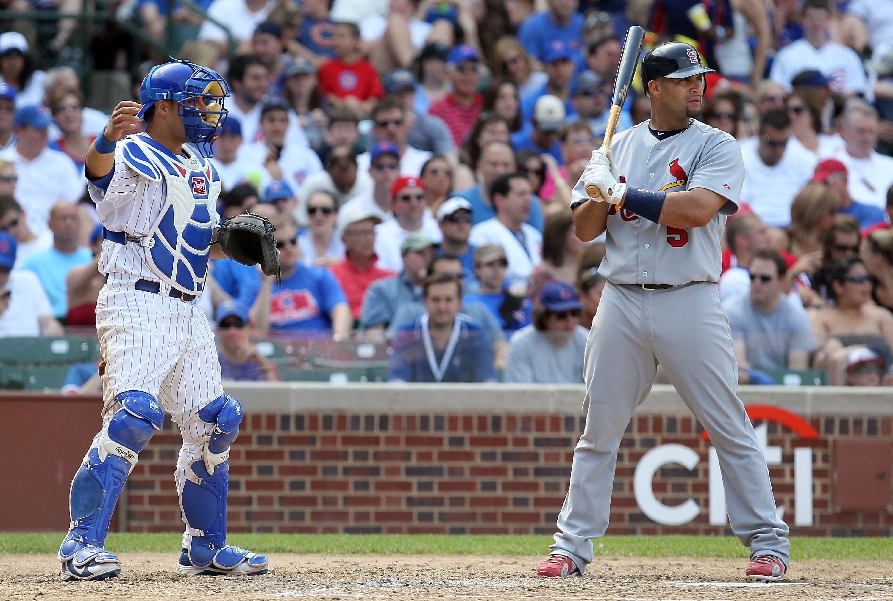 CHICAGO - MAY 30: Geovany Soto #18 of the Chicago Cubs calls for an intentional walk against Albert Pujols #5 of the St. Louis Cardinals during the seventh inning on May 30, 2010 at Wrigley Field in Chicago, Illinois. Pujols finished the game with three h