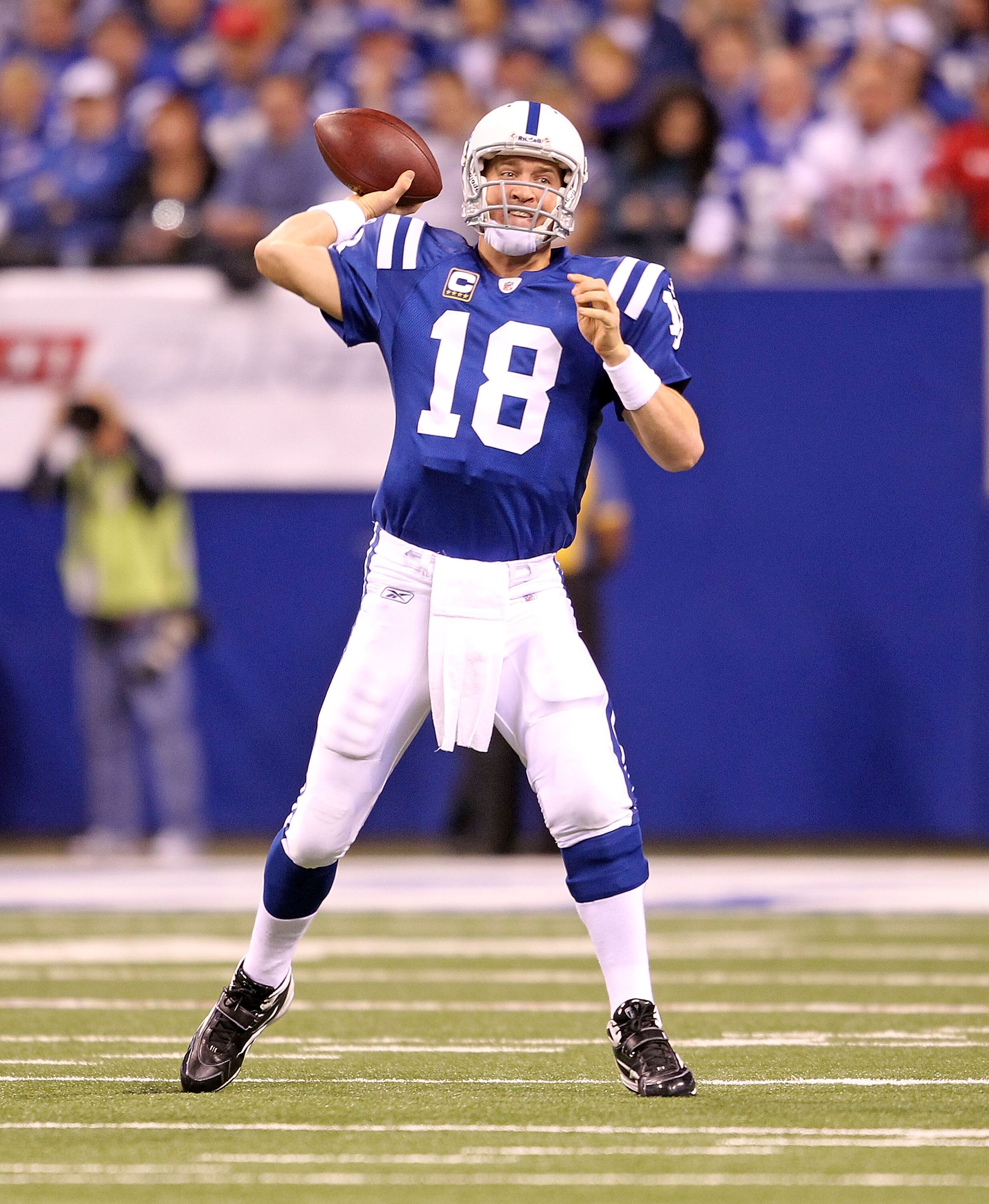 INDIANAPOLIS - NOVEMBER 01:  Peyton Manning #18 of Indianapolis Colts throws a pass during the NFL game against the Houston Texans  at Lucas Oil Stadium on November 1, 2010 in Indianapolis, Indiana.  (Photo by Andy Lyons/Getty Images)
