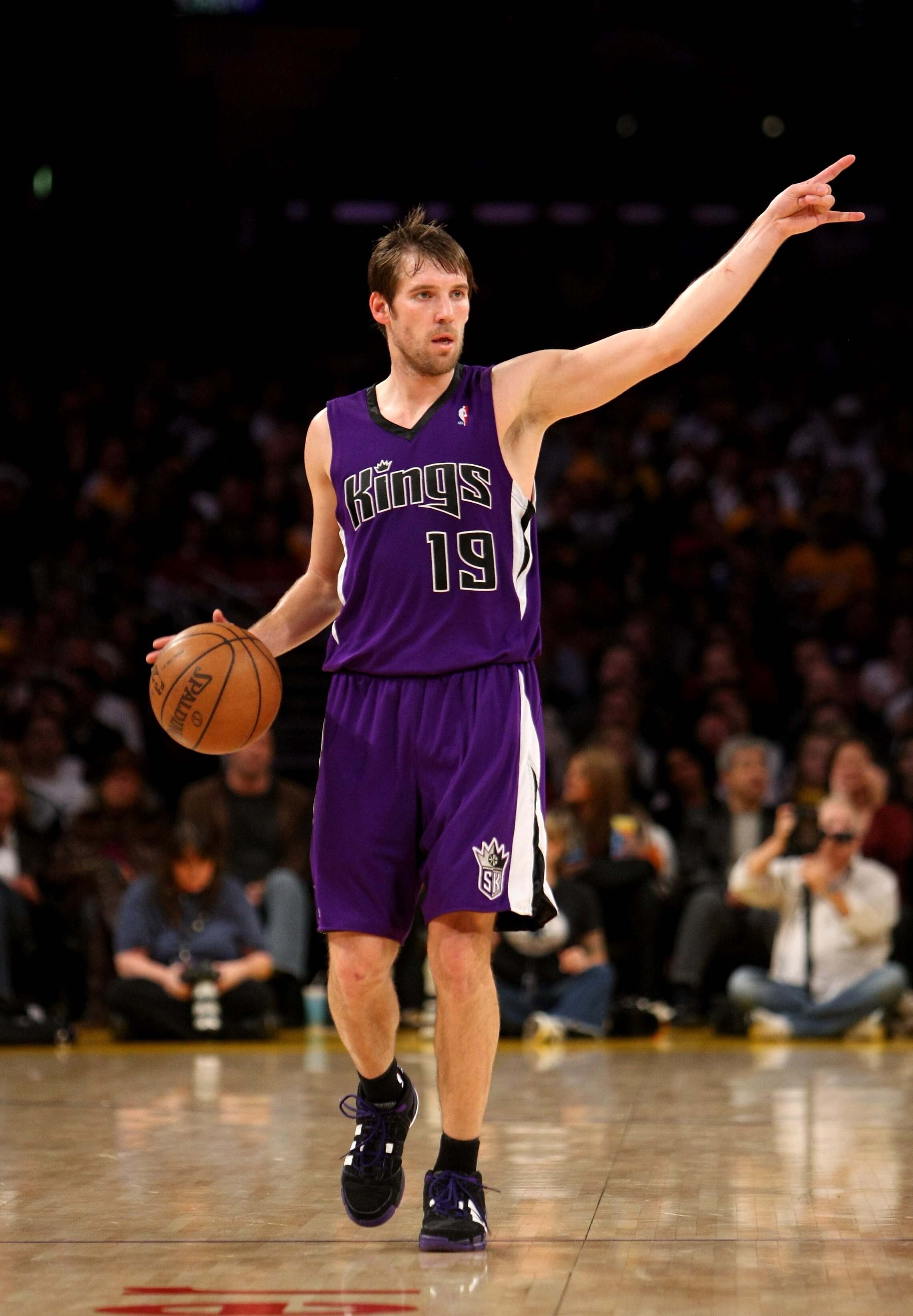LOS ANGELES, CA - DECEMBER 12:  Beno Udrih #19 of the Sacramento Kings sets up the offense against the Los Angeles Lakers on December 12, 2008 at Staples Center in Los Angeles, California.  The Lakers won 112-103.   NOTE TO USER: User expressly acknowledg