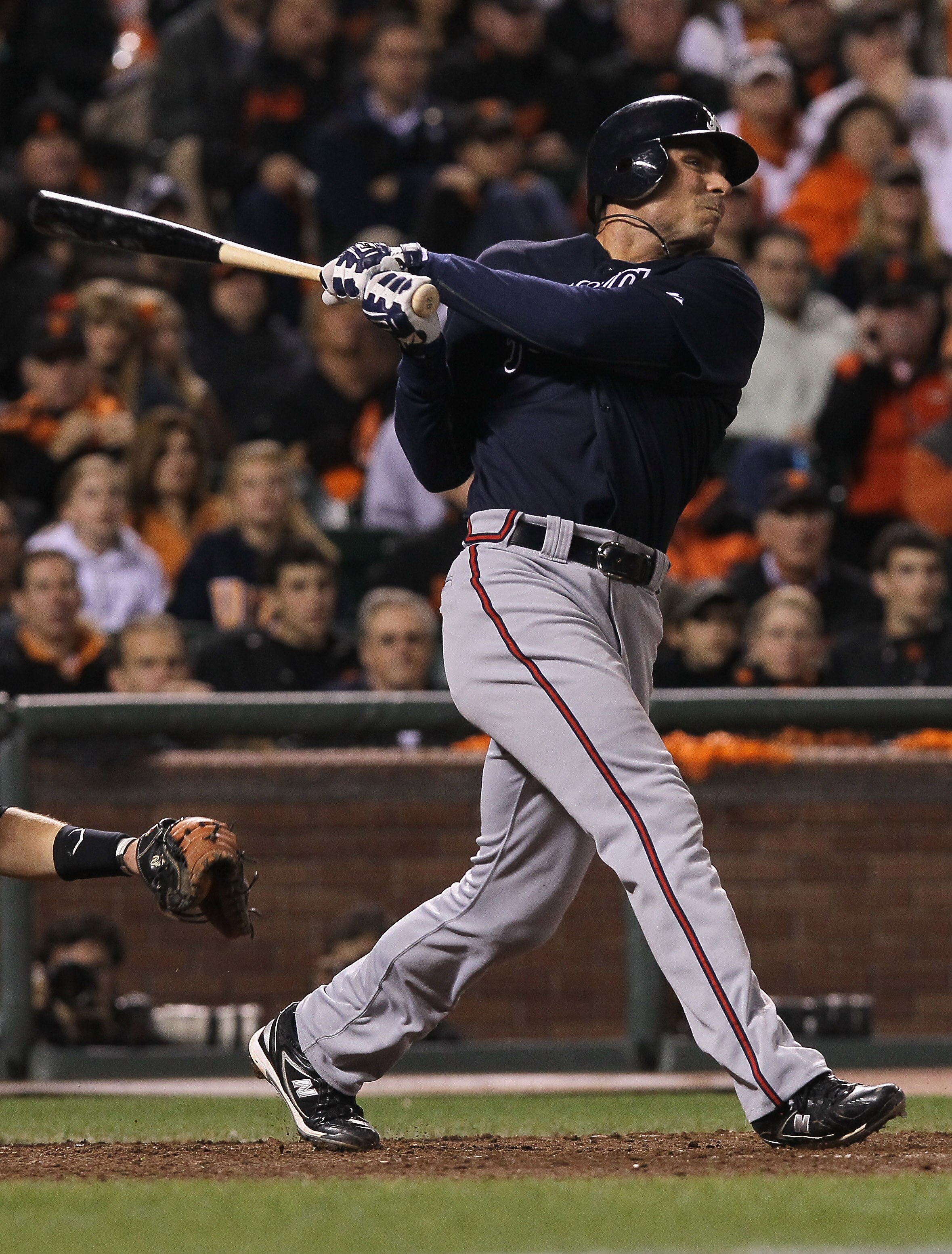 SAN FRANCISCO - OCTOBER 08:  Rick Ankiel #28 of the Atlanta Braves hits a solo home run in the tenth inning of the National League Division Series with the San Francisco Giants at AT&T Park on October 8, 2010 in San Francisco, California.  (Photo by Justi