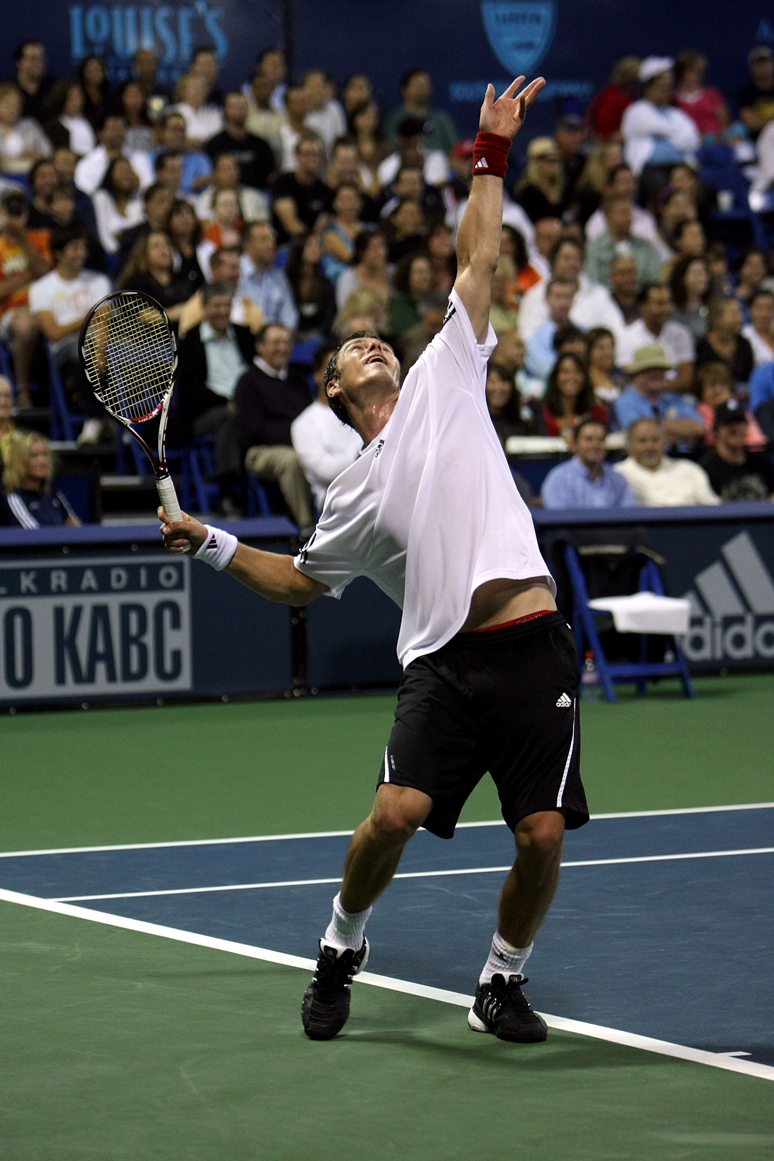 LOS ANGELES, CA - JULY 27:  Marat Safin serves against tournament honoree Pete Sampras in the Millennium Challenge during the LA Tennis Open Day 1 at Los Angeles Tennis Center - UCLA on July 27, 2009 in Los Angeles, California.  Safin defeated Sampras 6-4
