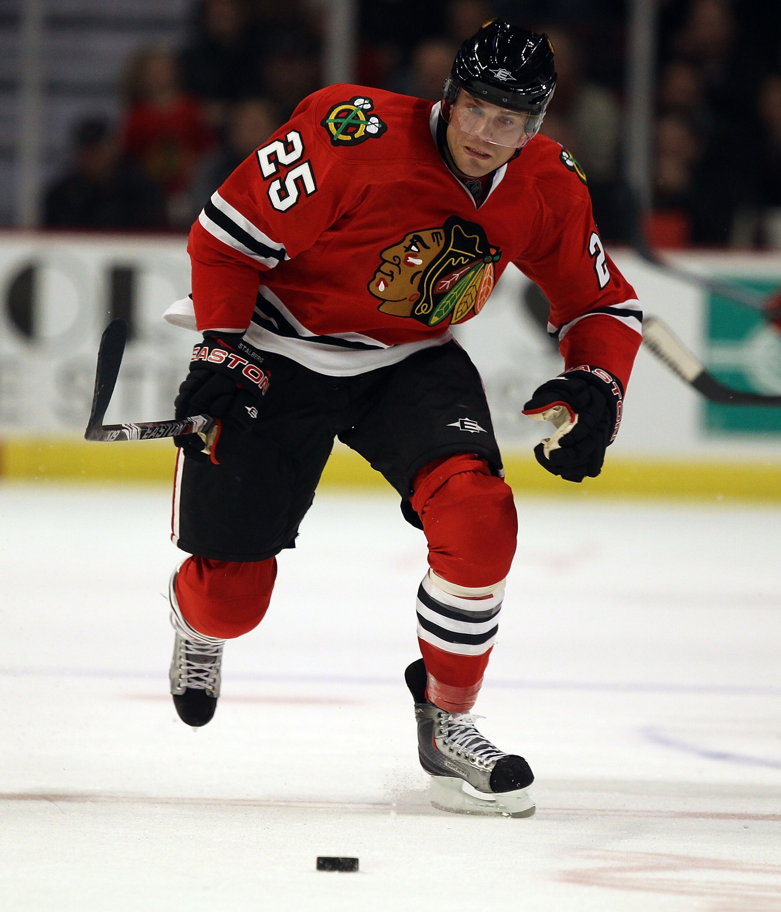 CHICAGO - NOVEMBER 03: Viktor Stalberg #25 of the Chicago Blackhawks skates up the ice against the New Jersey Devils at the United Center on November 3, 2010 in Chicago, Illinois. The Devils defeated the Blackhawks 5-3. (Photo by Jonathan Daniel/Getty Ima
