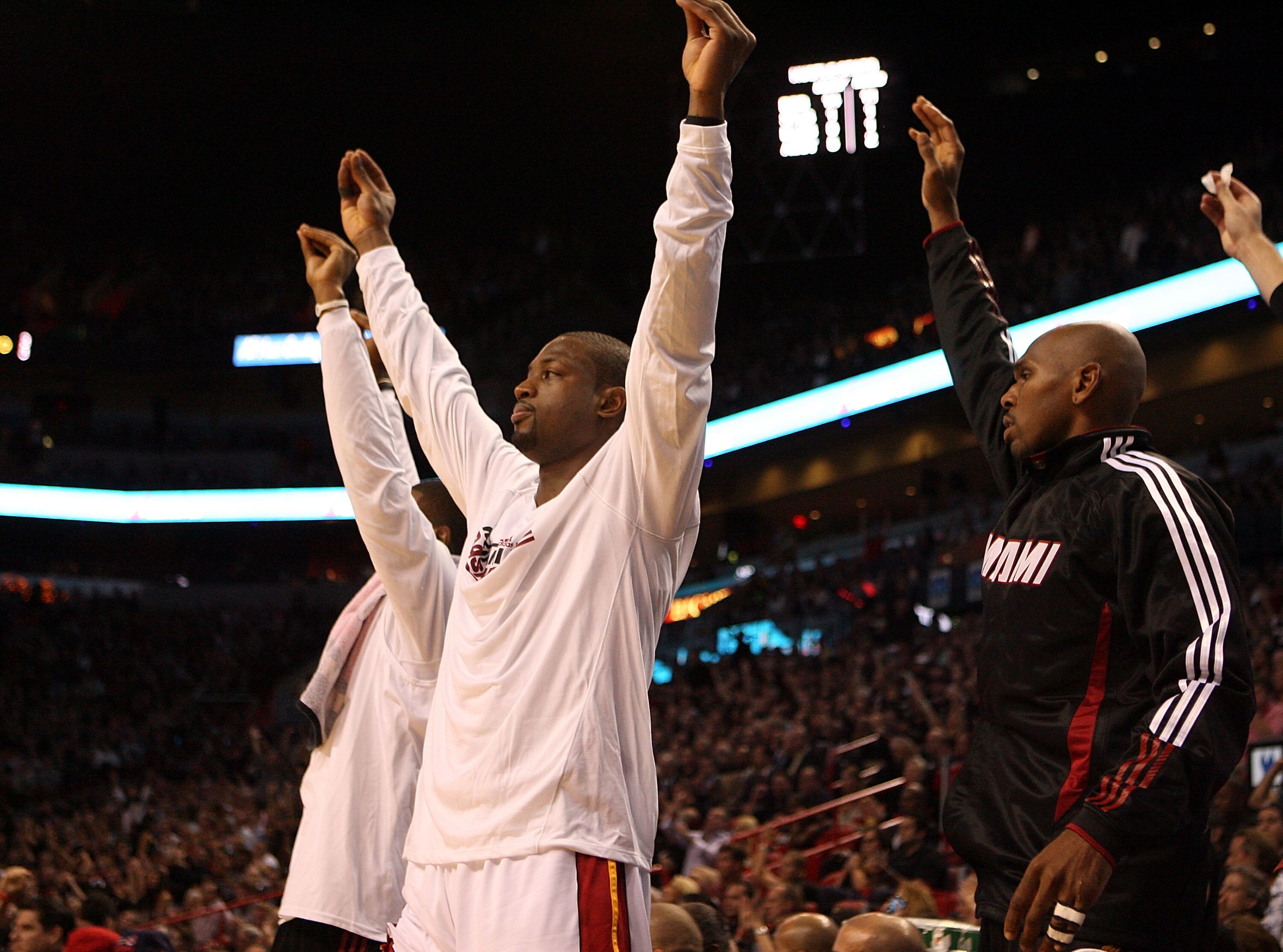 MIAMI - OCTOBER 29:  Guard Dwyane Wade #3 of the Miami Heat celebrates against the Orlando Magic at American Airlines Arena on October 29, 2010 in Miami, Florida.  NOTE TO USER: User expressly acknowledges and agrees that, by downloading and or using this