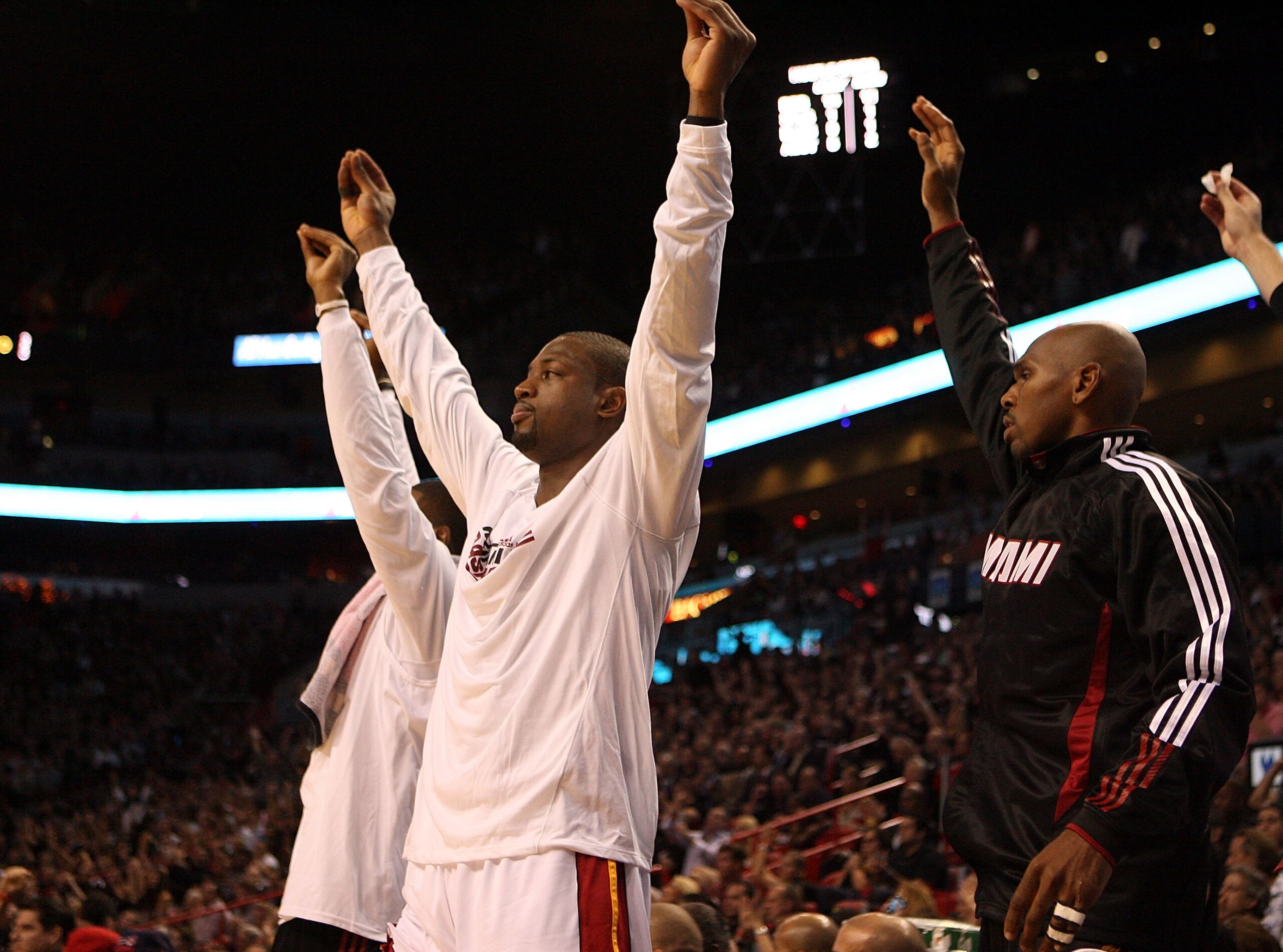 MIAMI - OCTOBER 29:  Guard Dwyane Wade #3 of the Miami Heat celebrates against the Orlando Magic at American Airlines Arena on October 29, 2010 in Miami, Florida.  NOTE TO USER: User expressly acknowledges and agrees that, by downloading and or using this