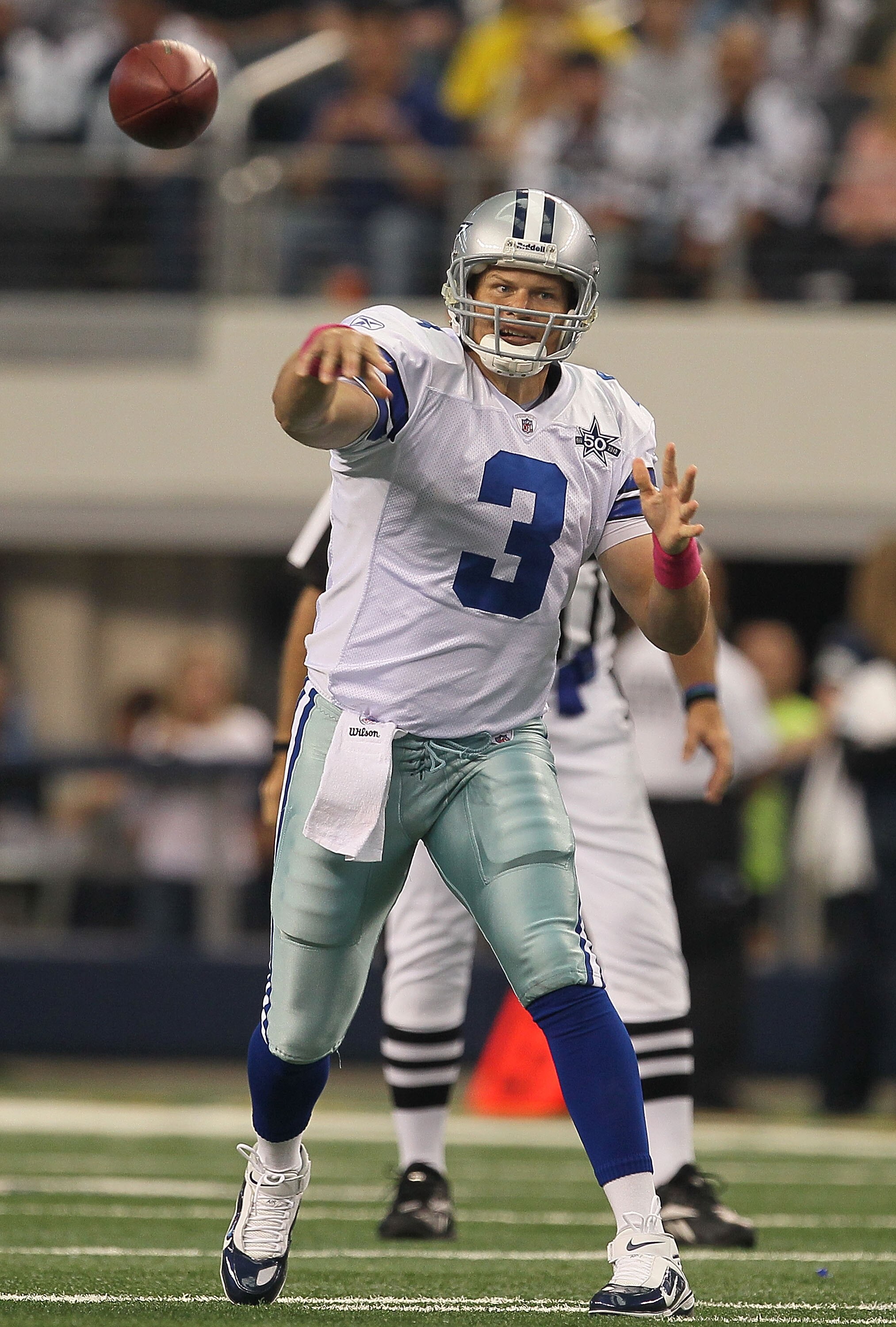 ARLINGTON, TX - OCTOBER 31:  Jon Kitna #3 of the Dallas Cowboys throws a pass against the Jacksonville Jaguars at Cowboys Stadium on October 31, 2010 in Arlington, Texas.  (Photo by Stephen Dunn/Getty Images)