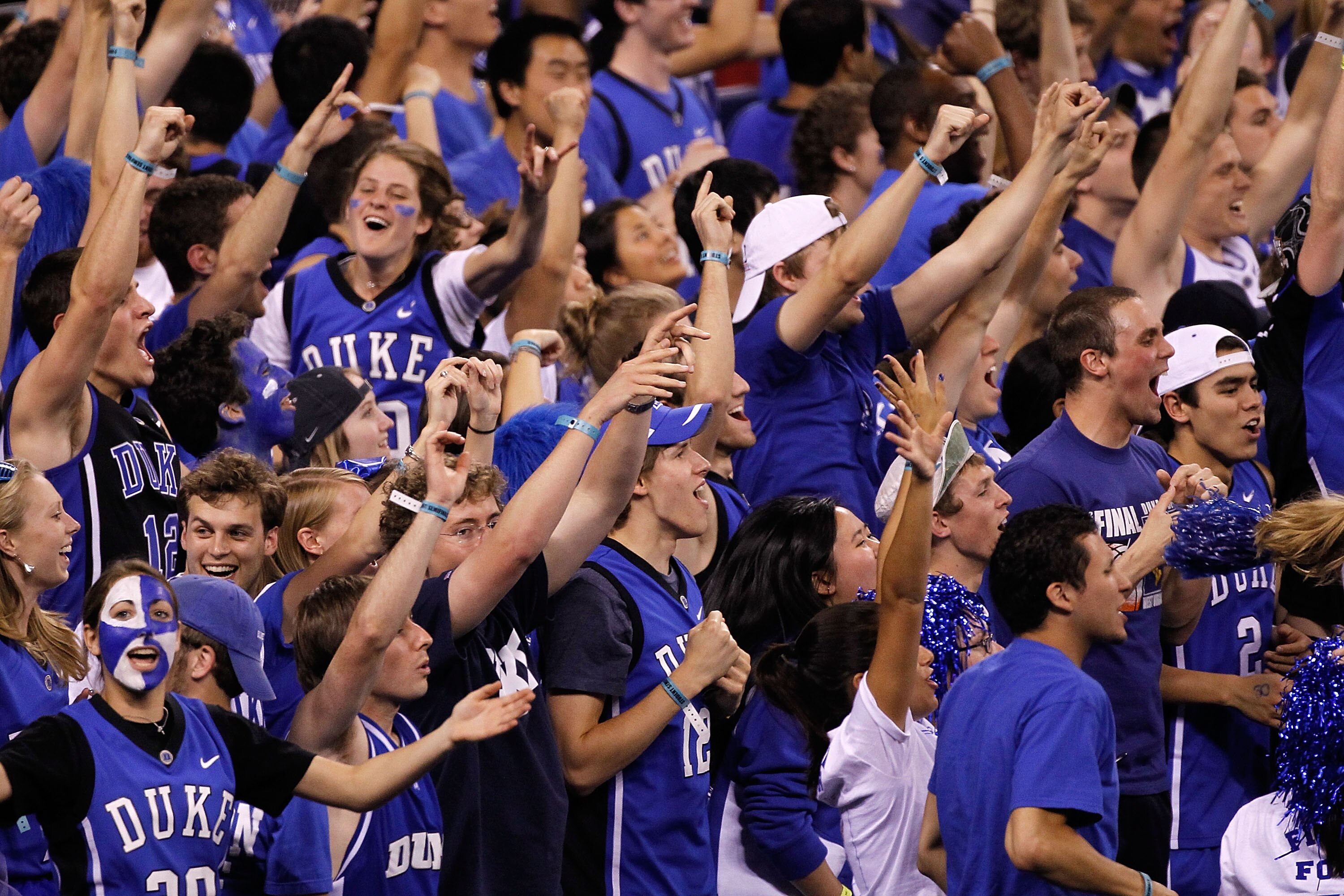 INDIANAPOLIS - APRIL 03:  Fans of the Duke Blue Devils react in the second half while taking on the West Virginia Mountaineers during the National Semifinal game of the 2010 NCAA Division I Men's Basketball Championship at Lucas Oil Stadium on April 3, 20
