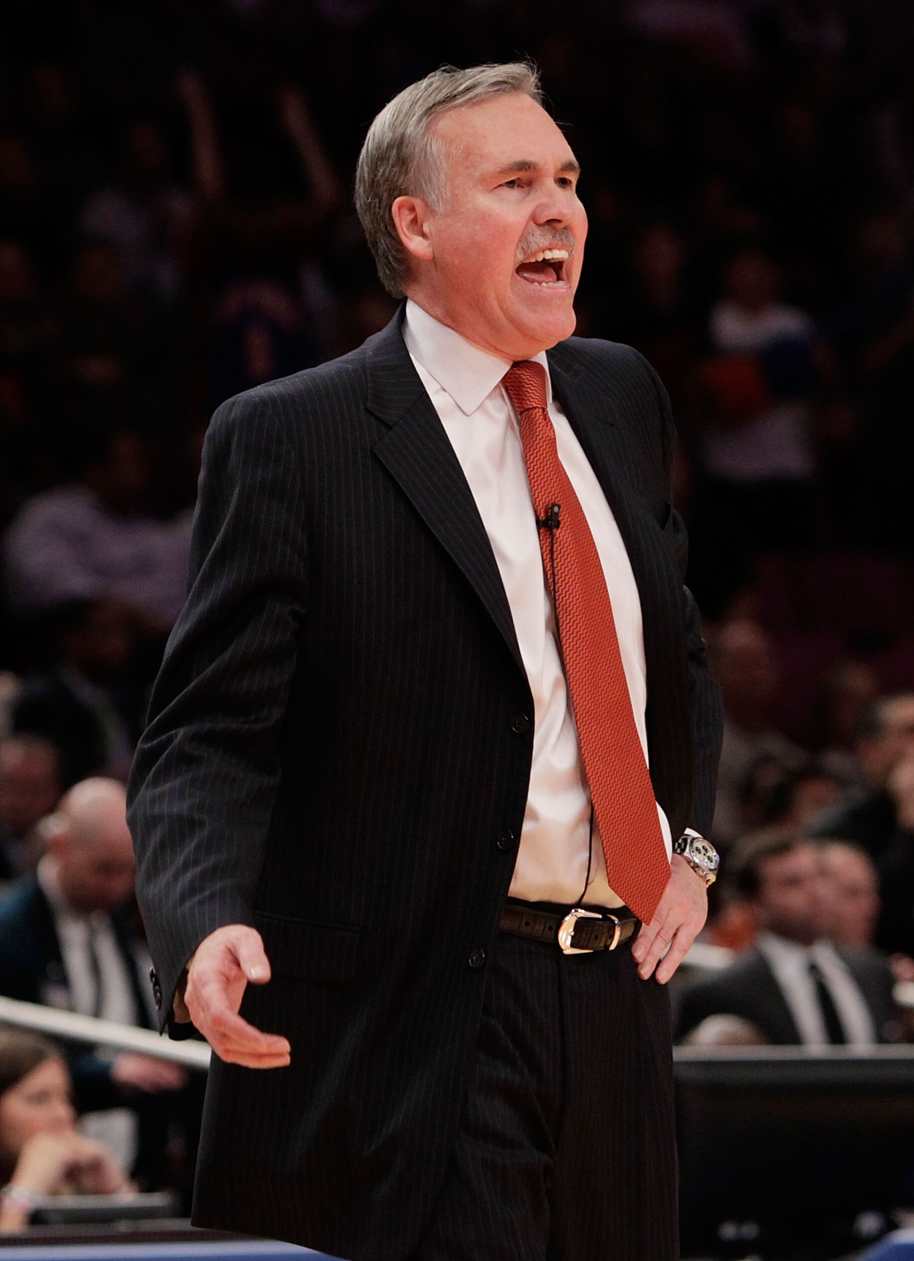 NEW YORK - OCTOBER 30:  Head Coach of the New York Knicks Mike D'Antoni reacts against the Portland Trail Blazers at Madison Square Garden on October 30, 2010 in New York City. NOTE TO USER: User expressly acknowledges and agrees that, by downloading and