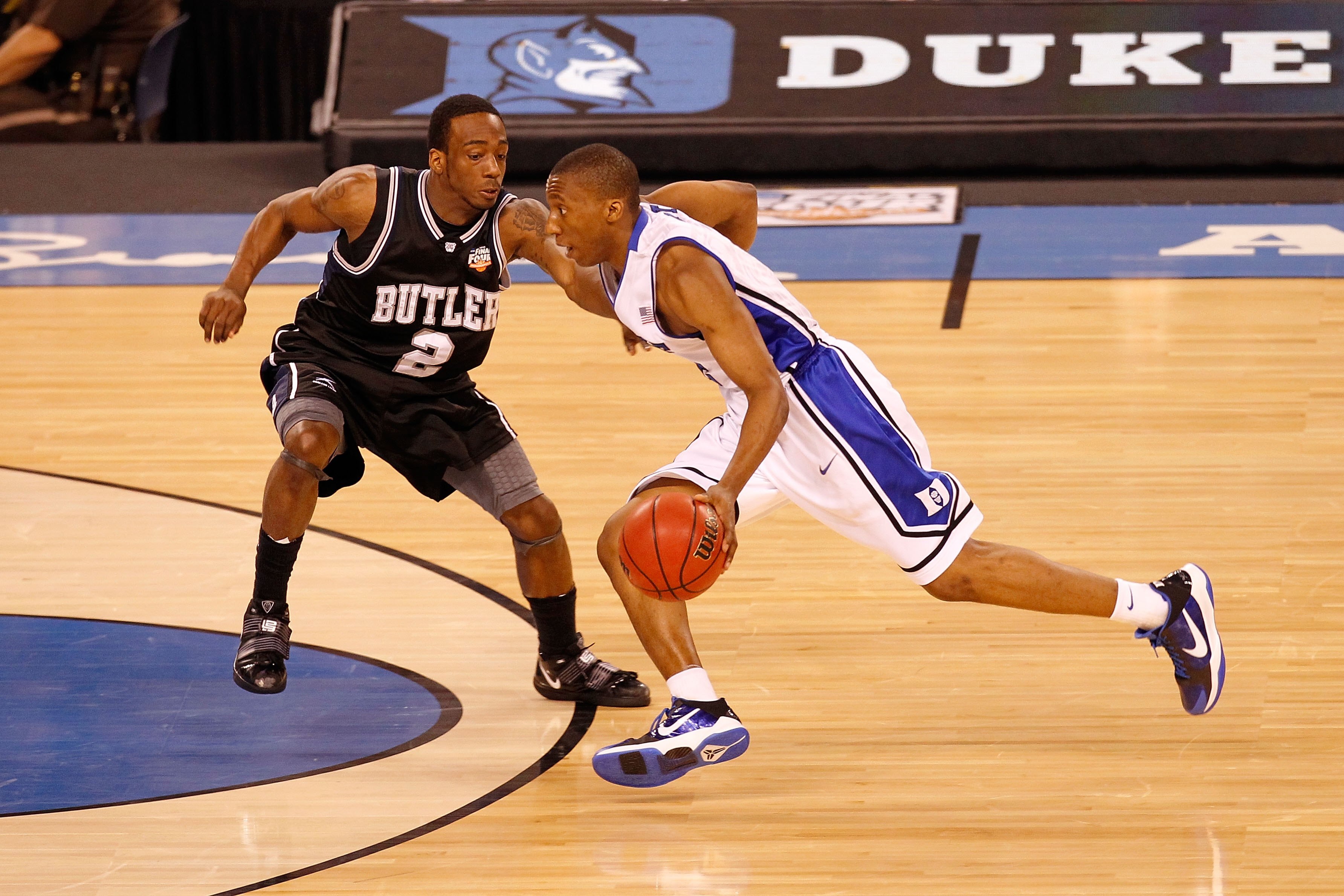 INDIANAPOLIS - APRIL 05:  Nolan Smith #2 of the Duke Blue Devils drives against Shawn Vanzant #2 of the Butler Bulldogs during the 2010 NCAA Division I Men's Basketball National Championship game at Lucas Oil Stadium on April 5, 2010 in Indianapolis, Indi