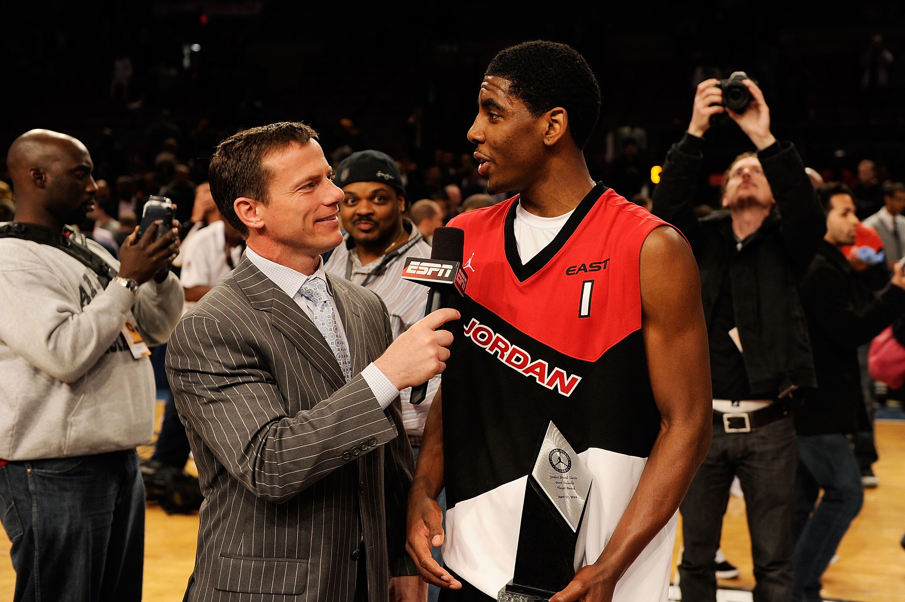 NEW YORK - APRIL 17:  Kyrie Irving #1 interviews after the National Game at the 2010 Jordan Brand classic at Madison Square Garden on April 17, 2010 in New York City.  (Photo by Larry Busacca/Getty Images for Jordan Brand Classic)
