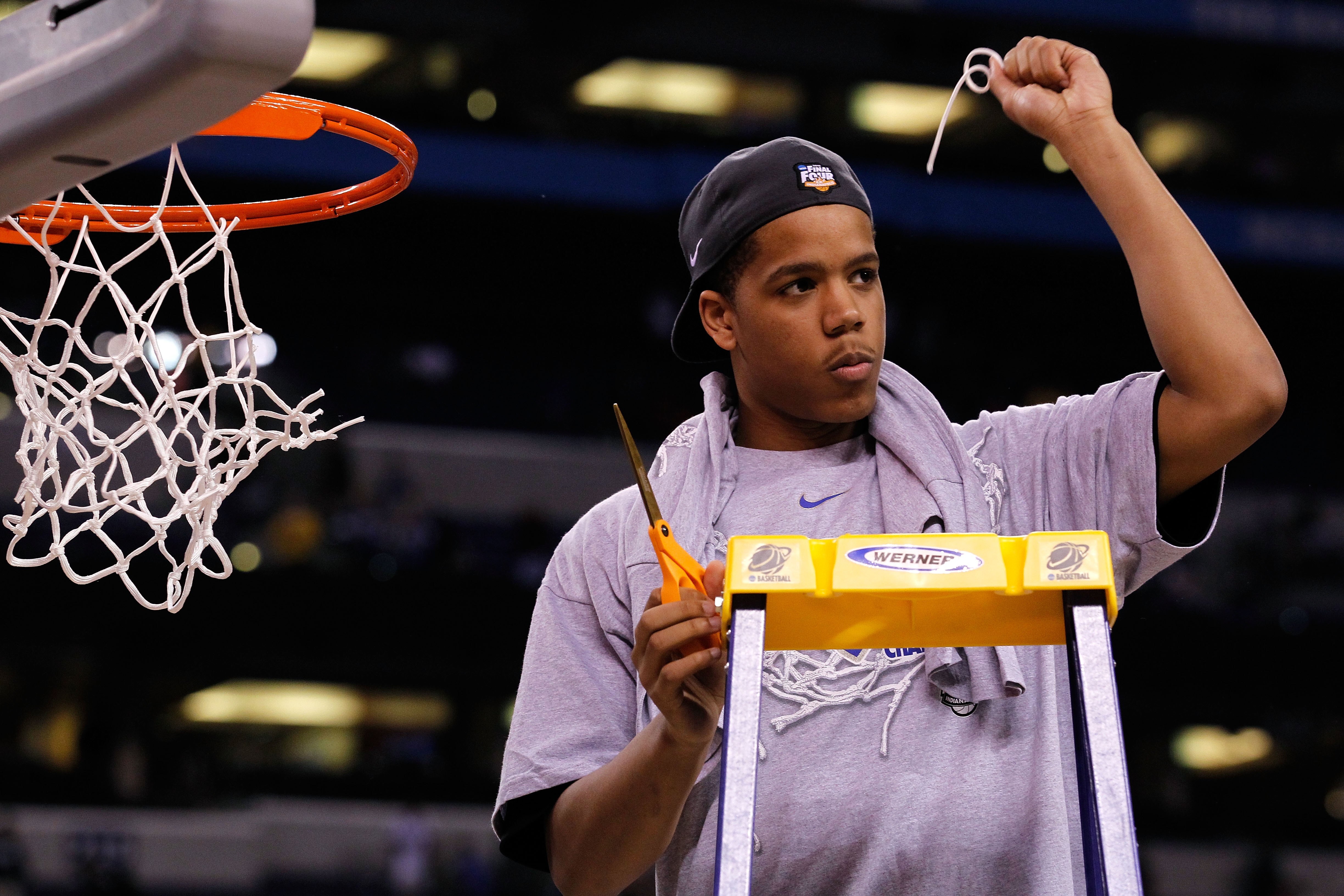 INDIANAPOLIS - APRIL 05:  Andre Dawkins of the Duke Blue Devils celebrates after he cut down a piece of the net following their 61-59 win against the Butler Bulldogs during the 2010 NCAA Division I Men's Basketball National Championship game at Lucas Oil