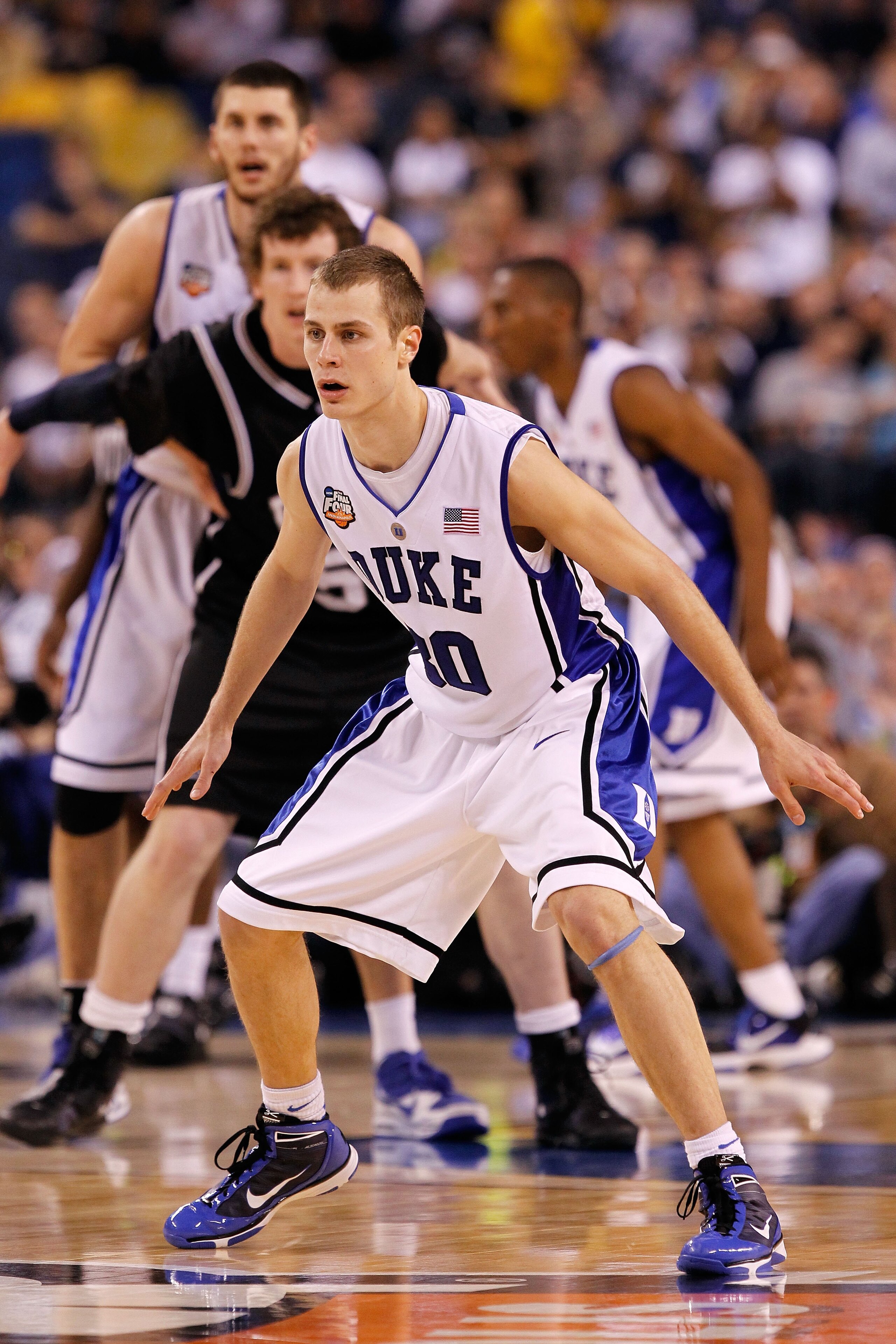 INDIANAPOLIS - APRIL 05:  Jon Scheyer #30 of the Duke Blue Devils defends against the Butler Bulldogs during the 2010 NCAA Division I Men's Basketball National Championship game at Lucas Oil Stadium on April 5, 2010 in Indianapolis, Indiana.  (Photo by Jo