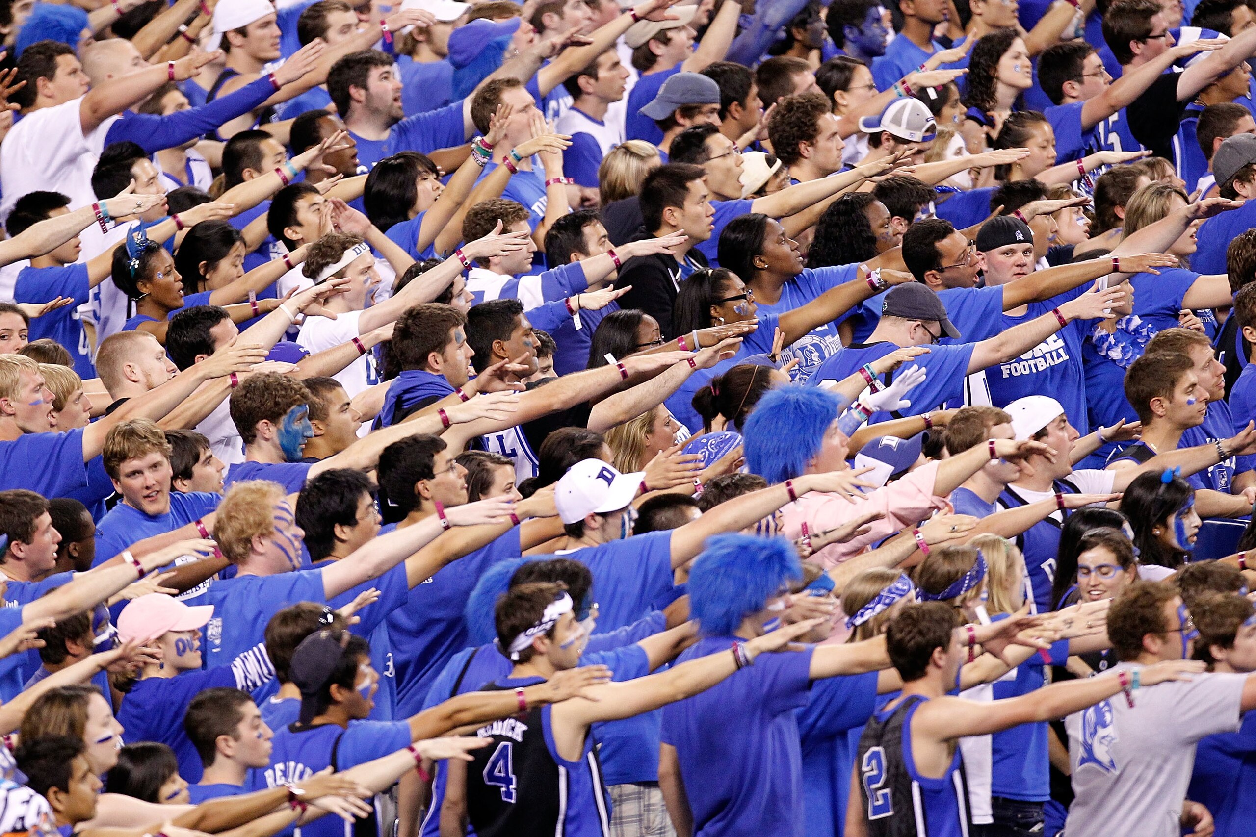 INDIANAPOLIS - APRIL 05:  Fans of the Duke Blue Devils support their team against the Butler Bulldogs during the 2010 NCAA Division I Men's Basketball National Championship game at Lucas Oil Stadium on April 5, 2010 in Indianapolis, Indiana.  (Photo by Ke