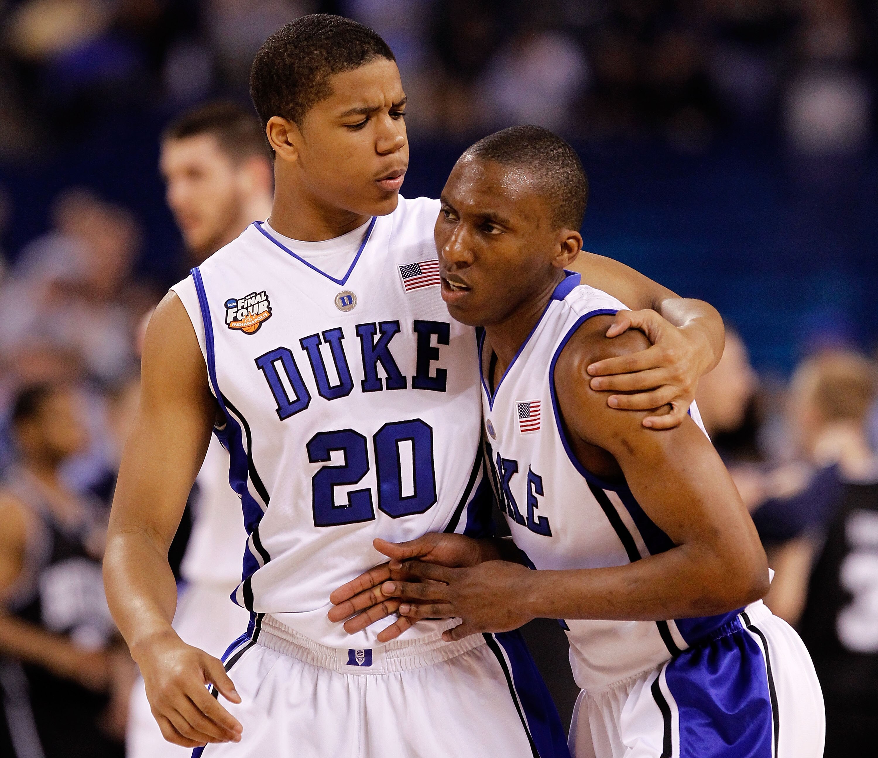 INDIANAPOLIS - APRIL 05:  (L-R) Andre Dawkins #20 and Nolan Smith #2 of of the Duke Blue Devils react in the first half against the Butler Bulldogs during the 2010 NCAA Division I Men's Basketball National Championship game at Lucas Oil Stadium on April 5