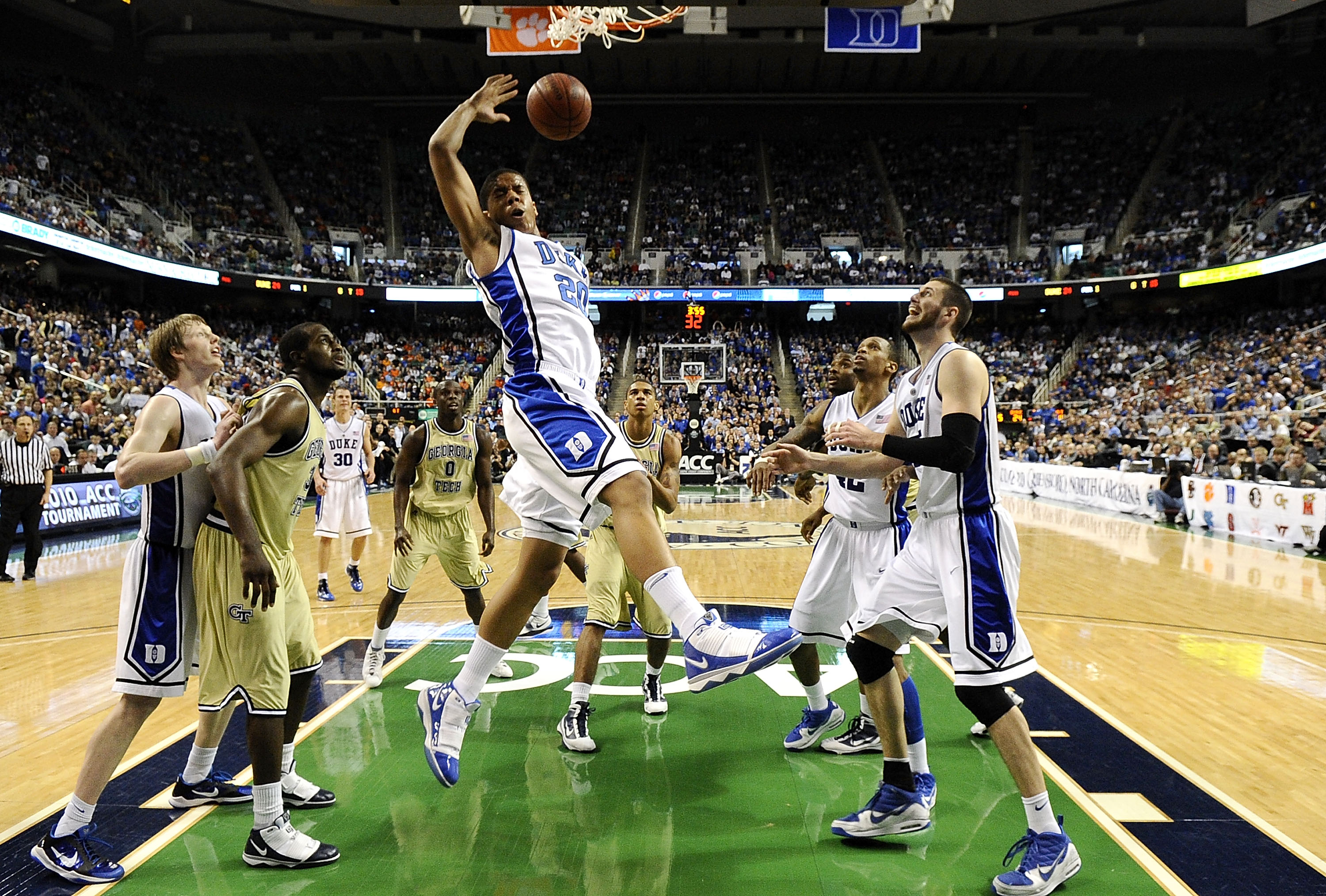 GREENSBORO, NC - MARCH 14:  Andre Dawkins #20 of the Duke Blue Devils dunks against Georgia Tech Yellow Jackets in the championship game of the 2010 ACC Men's Basketball Tournament at the Greensboro Coliseum on March 14, 2010 in Greensboro, North Carolina