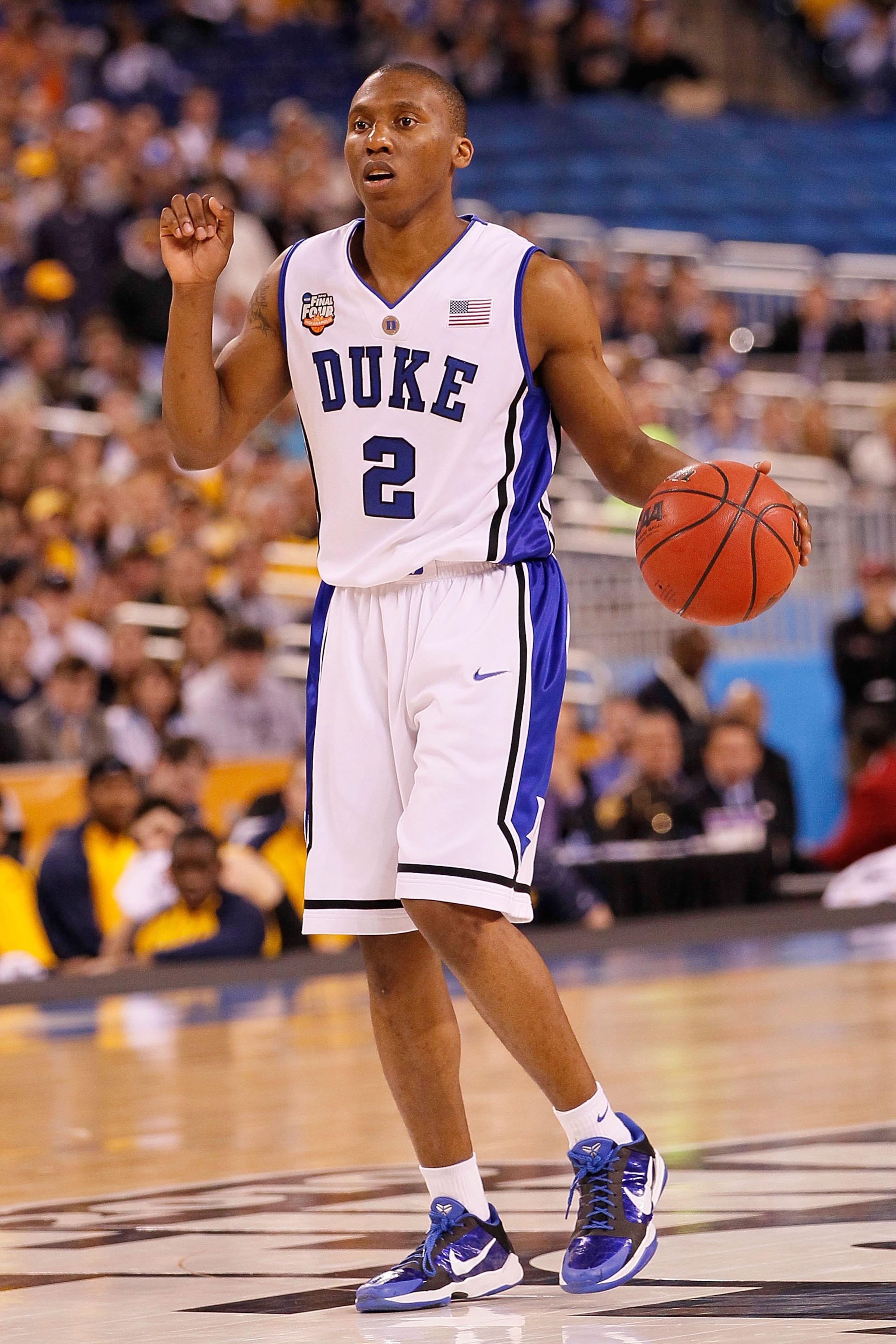 INDIANAPOLIS - APRIL 03:  Nolan Smith #2 of the Duke Blue Devils with the ball while taking on the West Virginia Mountaineers during the National Semifinal game of the 2010 NCAA Division I Men's Basketball Championship at Lucas Oil Stadium on April 3, 201