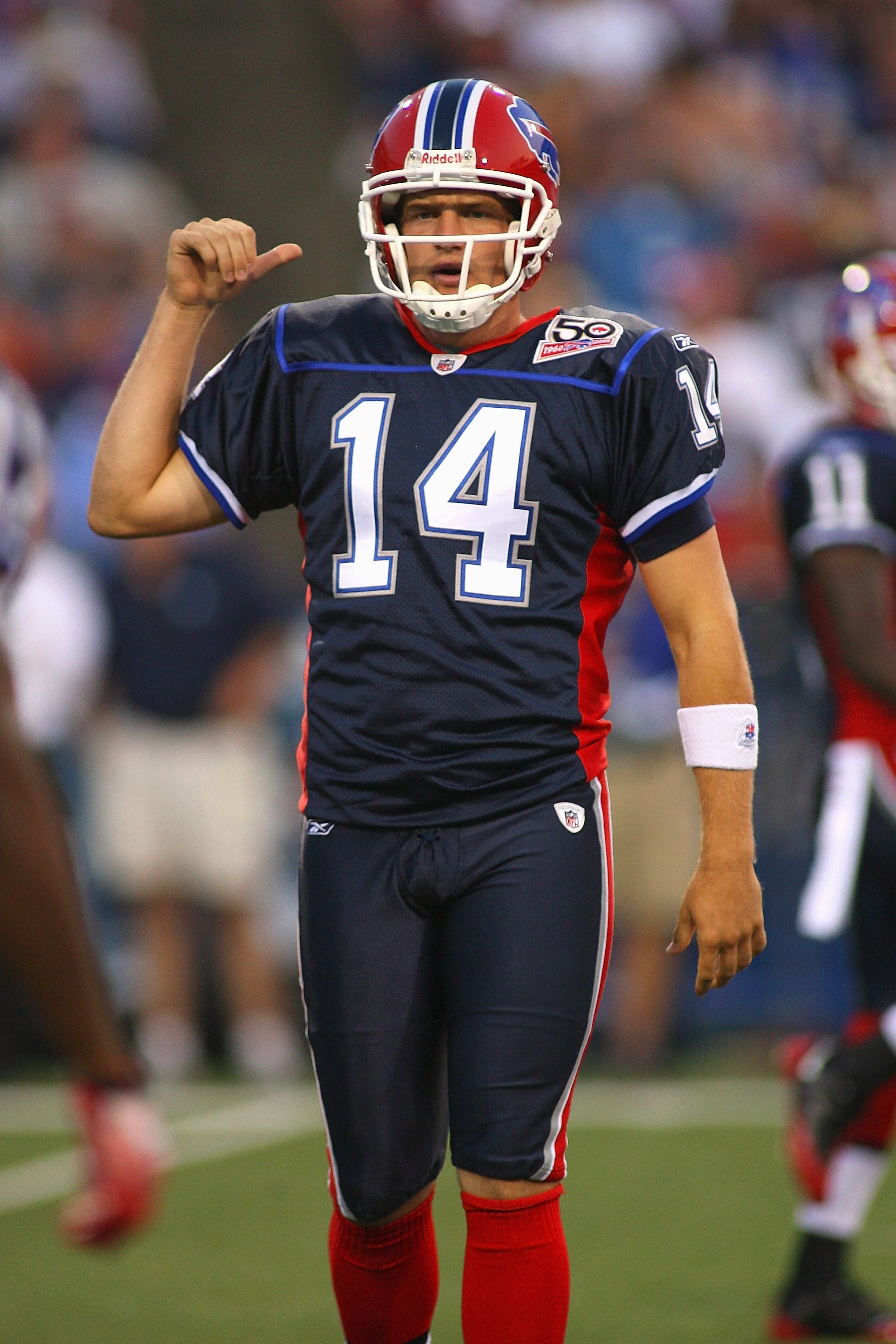ORCHARD PARK, NY - AUGUST 15:  Quarterback Ryan Fitzpatrick #14 of the Buffalo Bills looks to the sideline during the preseason game against the Chicago Bears on August 15, 2009 at Ralph Wilson Stadium in Orchard Park, New York. The Bills won 27-20. (Phot
