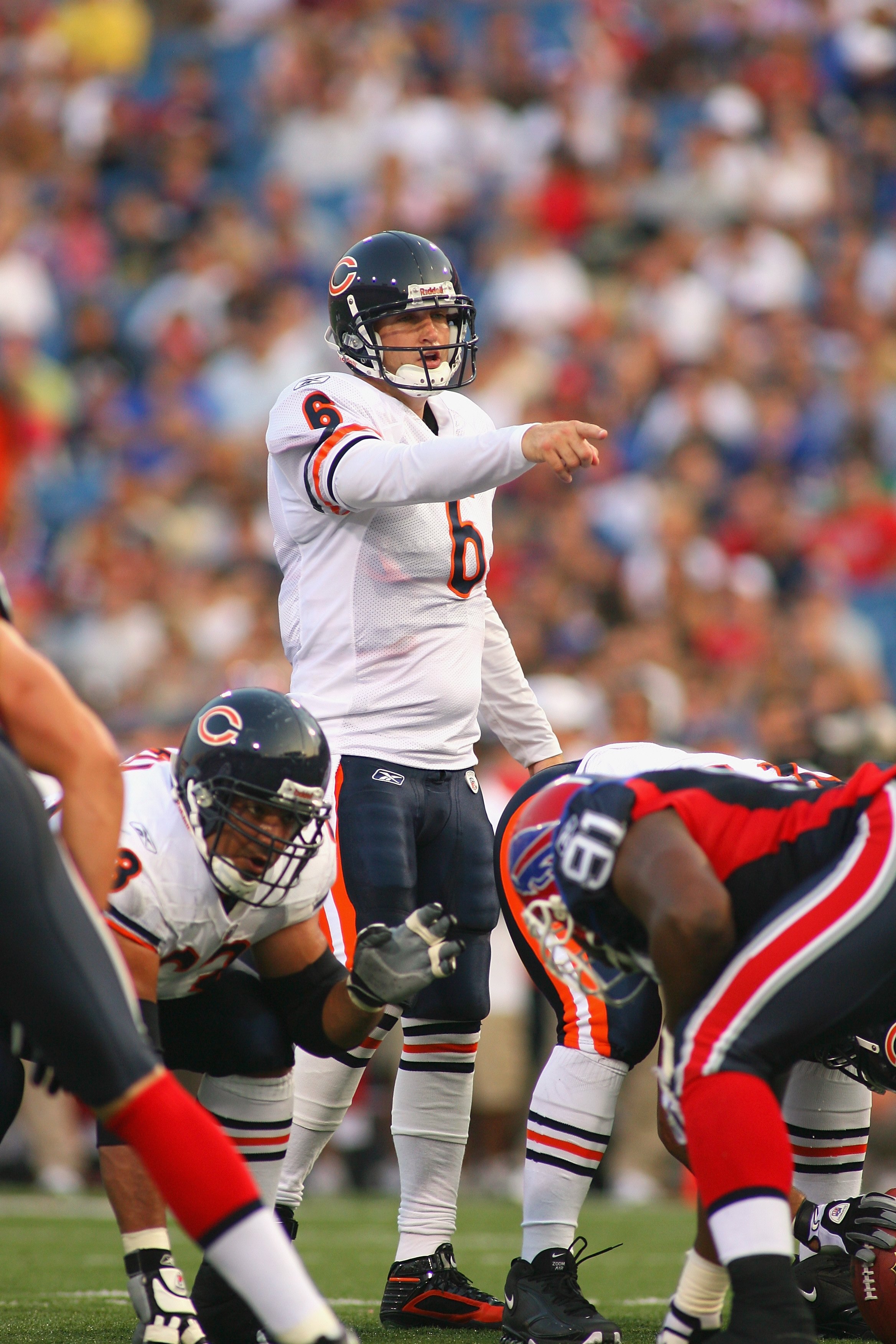 ORCHARD PARK, NY - AUGUST 15:  Quarterback Jay Cutler #6 of the Chicago Bears calls signals at the line during the preseason game against the Buffalo Bills on August 15, 2009 at Ralph Wilson Stadium in Orchard Park, New York. The Bills won 27-20. (Photo b