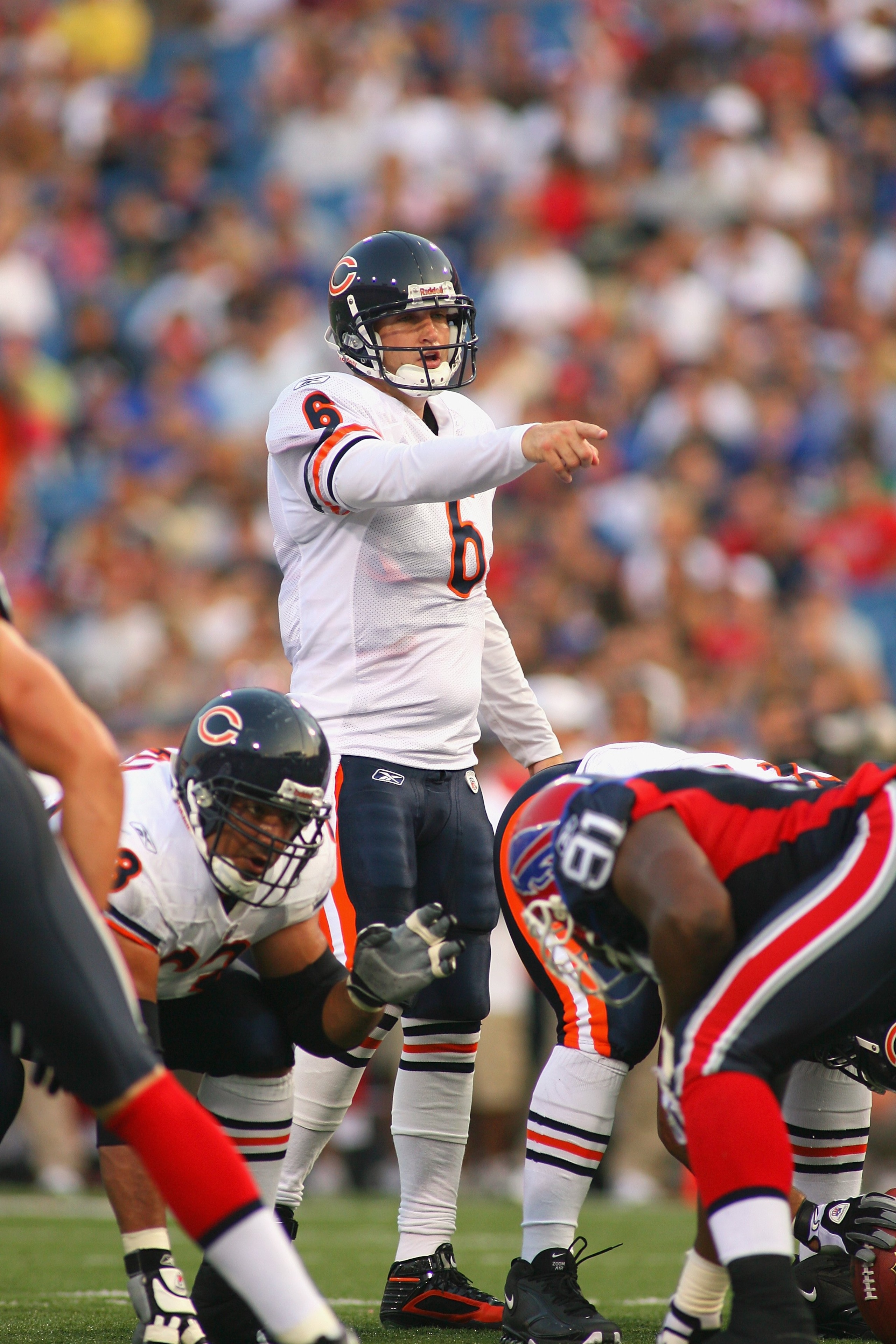 ORCHARD PARK, NY - AUGUST 15:  Quarterback Jay Cutler #6 of the Chicago Bears calls signals at the line during the preseason game against the Buffalo Bills on August 15, 2009 at Ralph Wilson Stadium in Orchard Park, New York. The Bills won 27-20. (Photo b